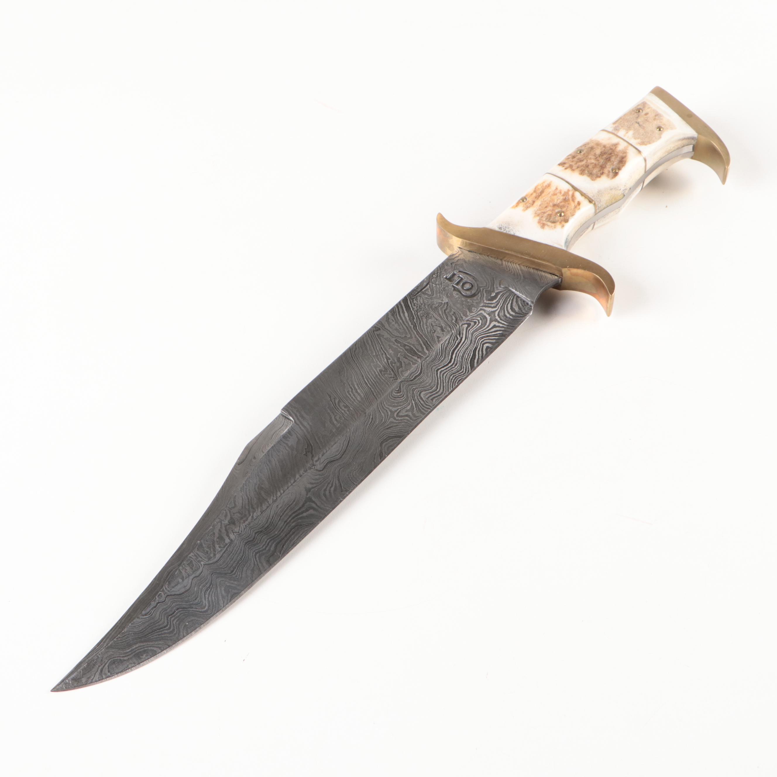 Colt® Damascus Steel Knife with Stag Handle and Leather Sheath