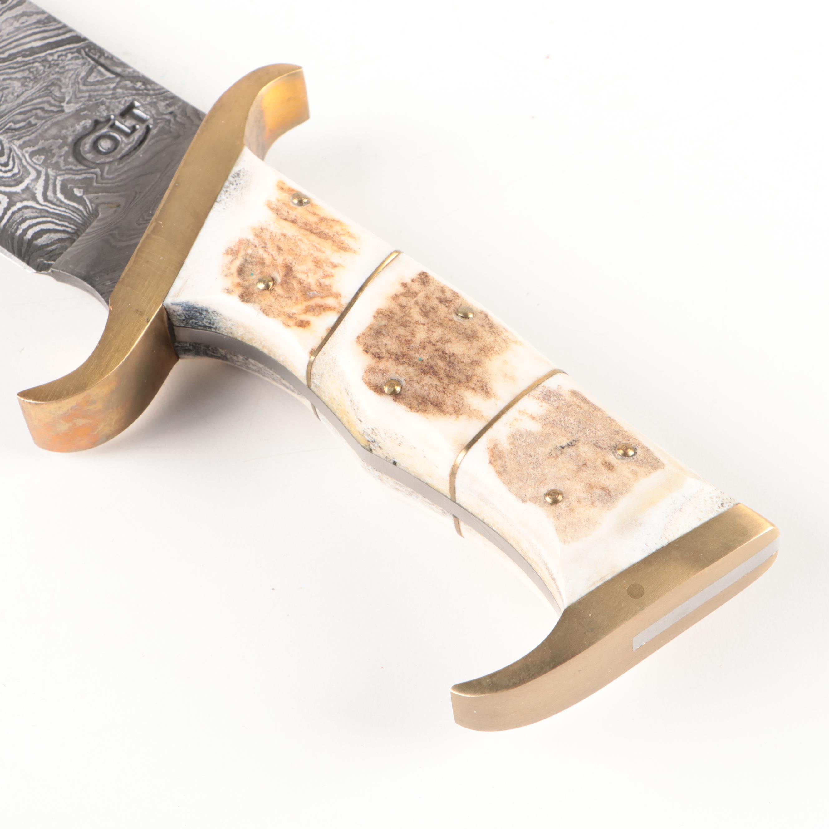 Colt® Damascus Steel Knife with Stag Handle and Leather Sheath