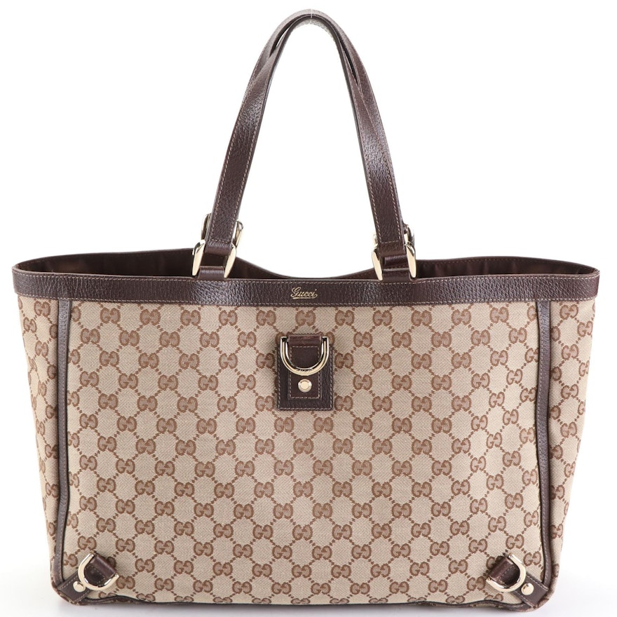 Gucci Abbey D-Ring Tote in GG Canvas and Brown Cinghiale Leather