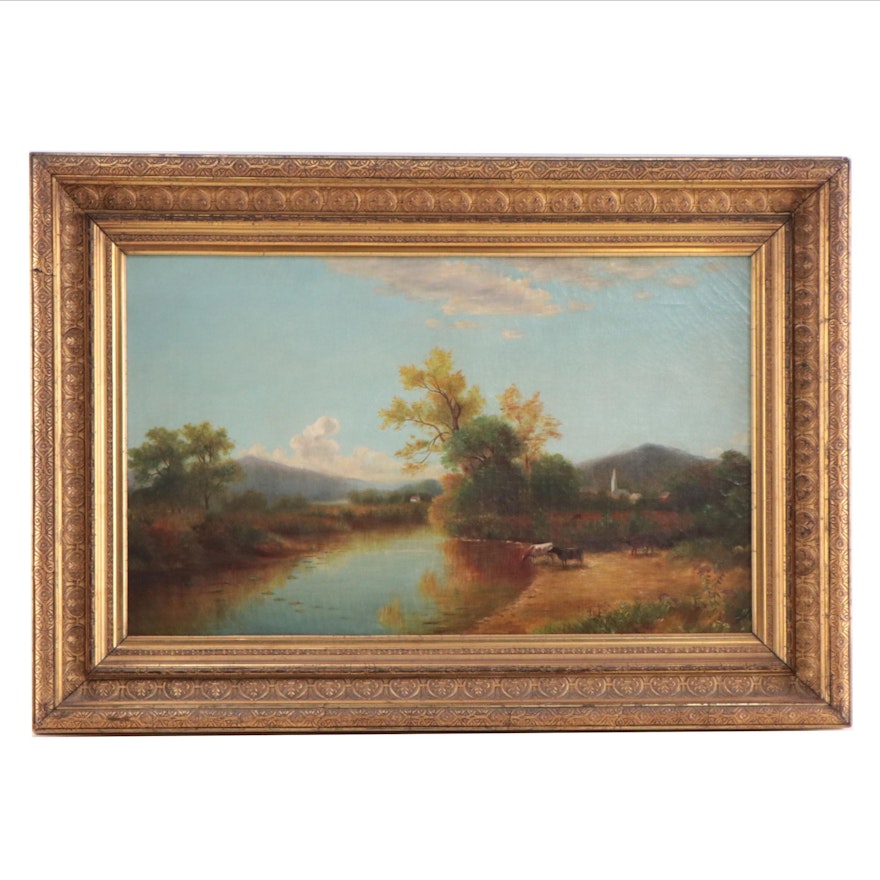 Hudson River School Oil Painting of Pastoral Landscape With Cattle Drinking