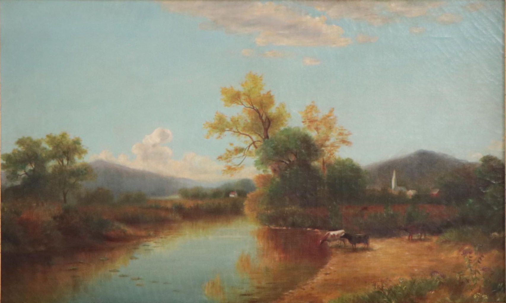 Hudson River School Oil Painting of Pastoral Landscape With Cattle Drinking