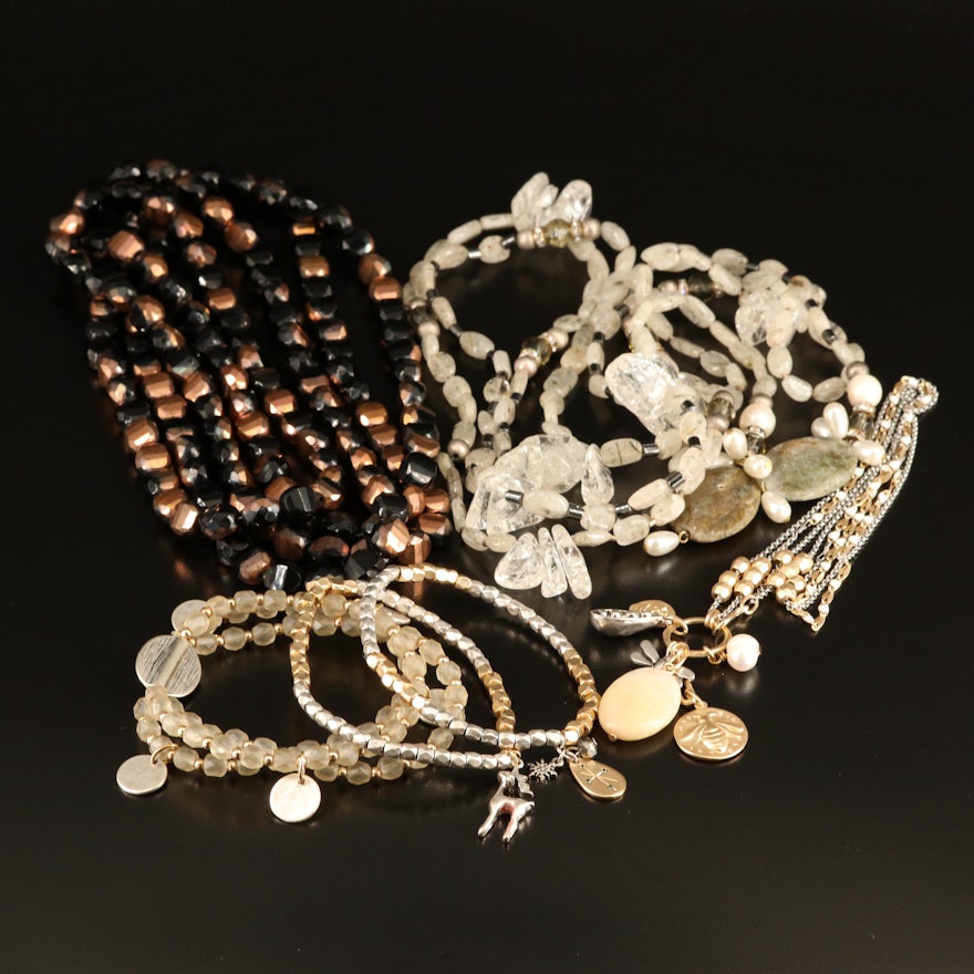 Sautoir, Rock Crystal Quartz and Pearls Featured in Necklaces and Bracelets