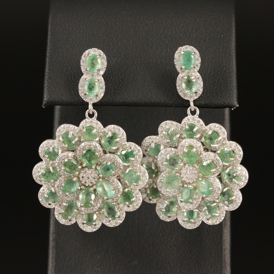 Sterling Emerald and Cubic Zirconia Floral Earrings