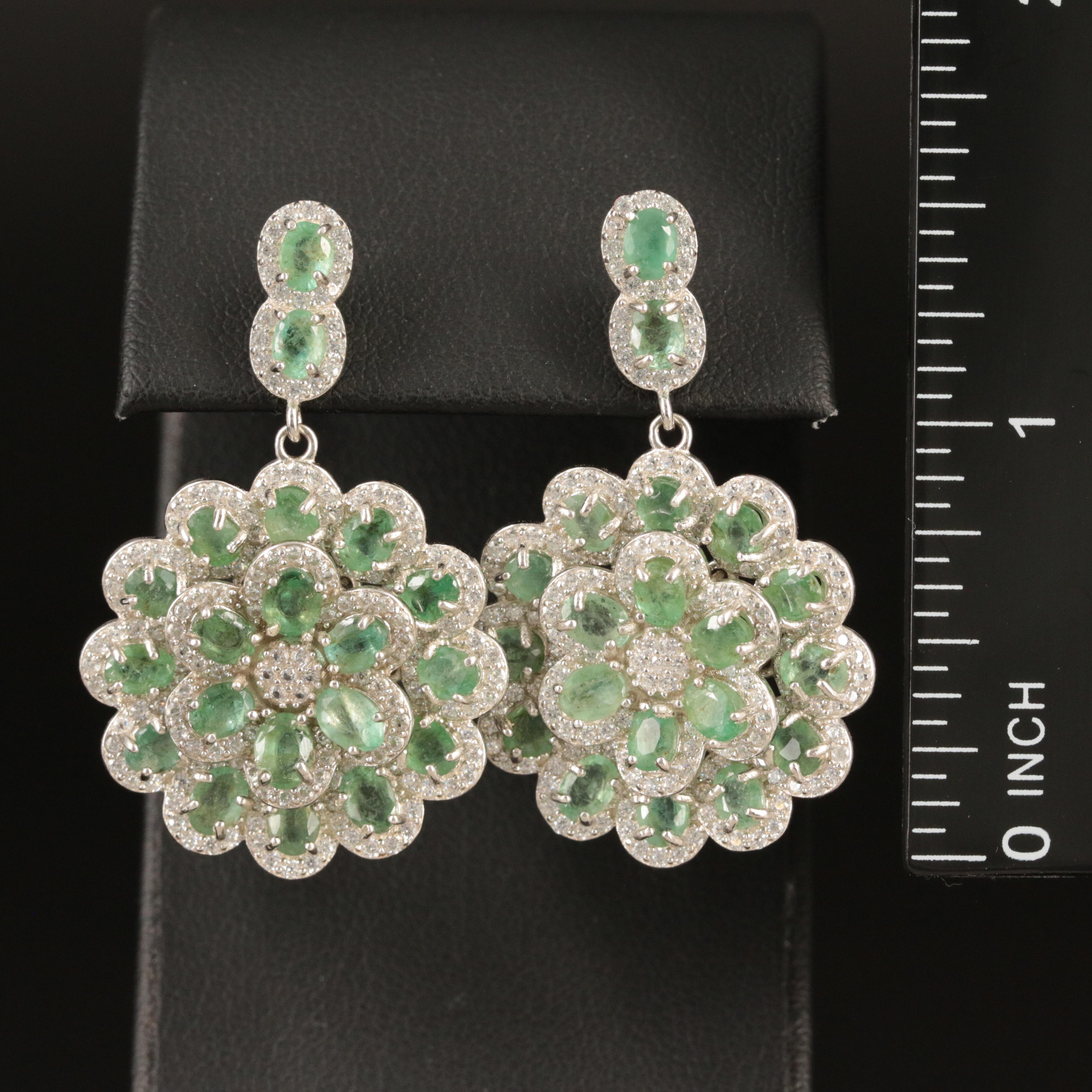 Sterling Emerald and Cubic Zirconia Floral Earrings