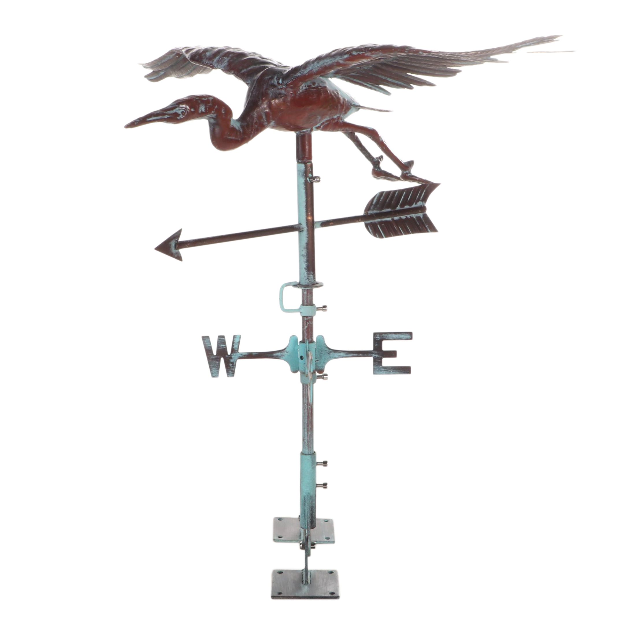 Patinated Copper Heron Rooftop Weathervane