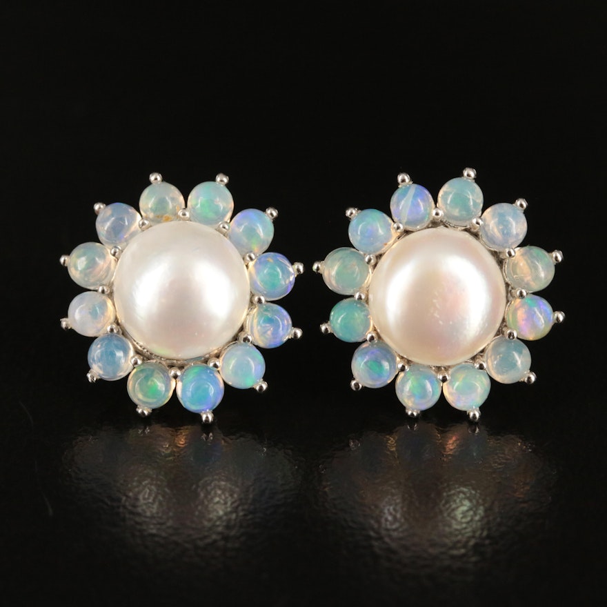Sterling Pearl and Opal Stud Earrings