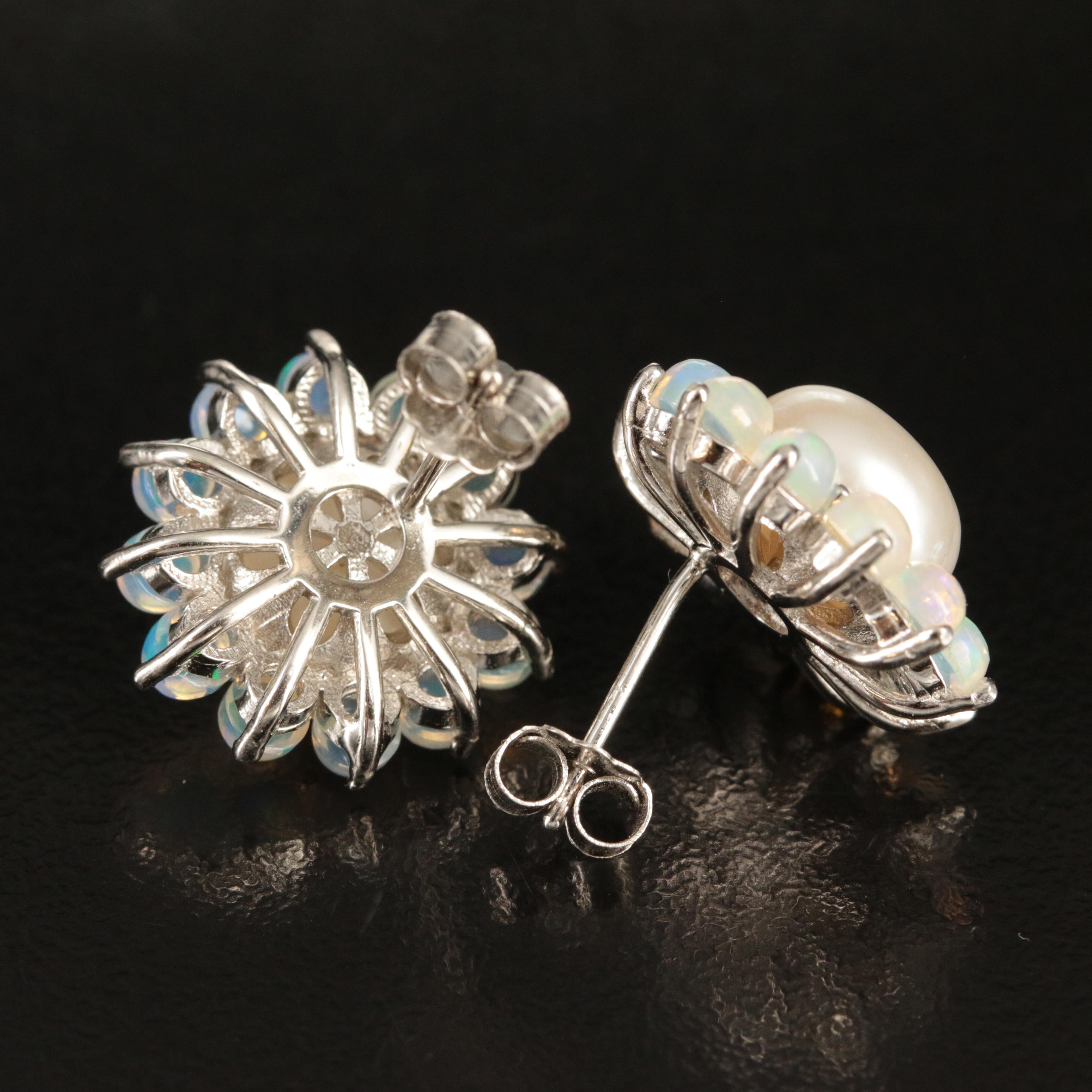 Sterling Pearl and Opal Stud Earrings