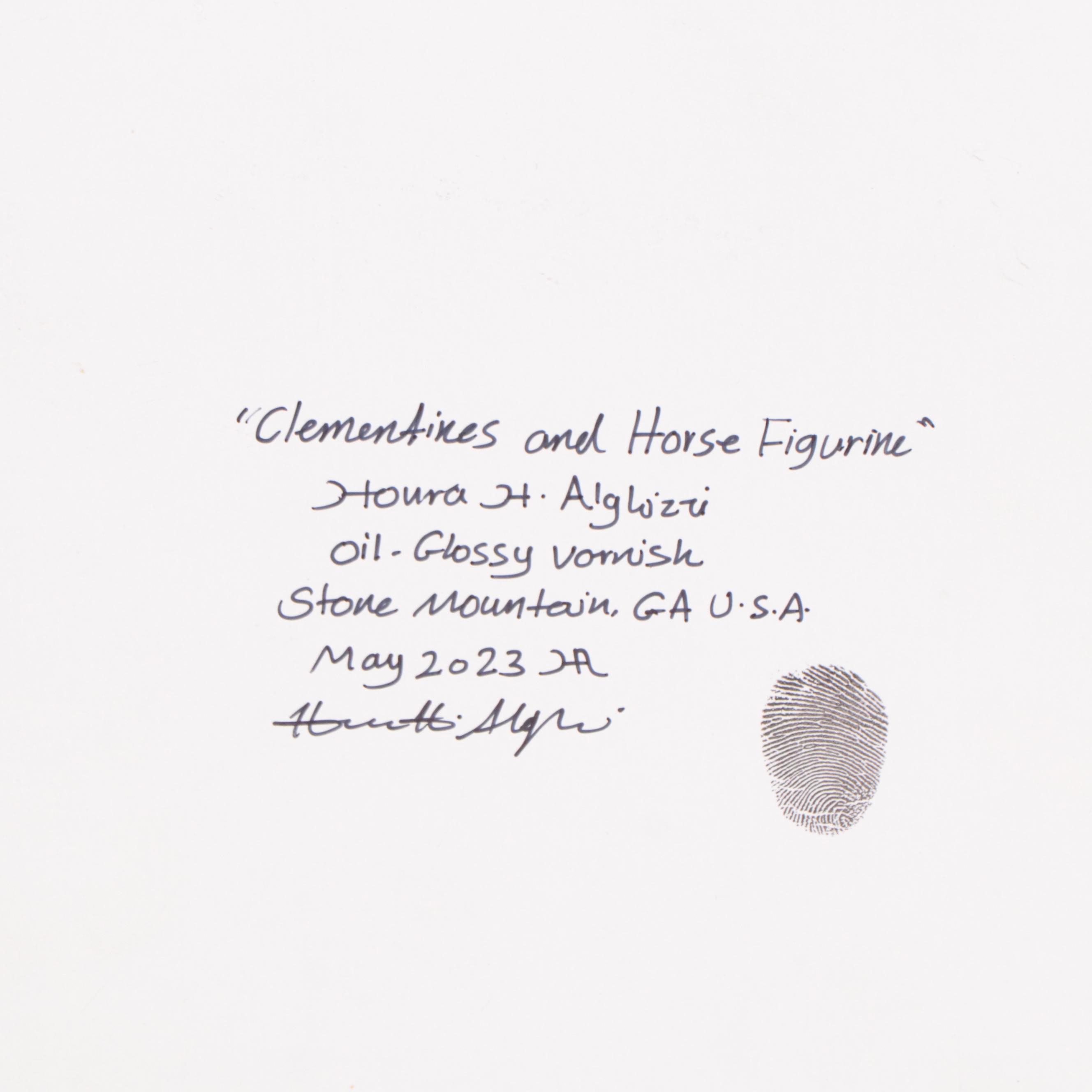 Houra H. Alghizzi Still Life Oil Painting "Clementines and Horse Figurine," 2023