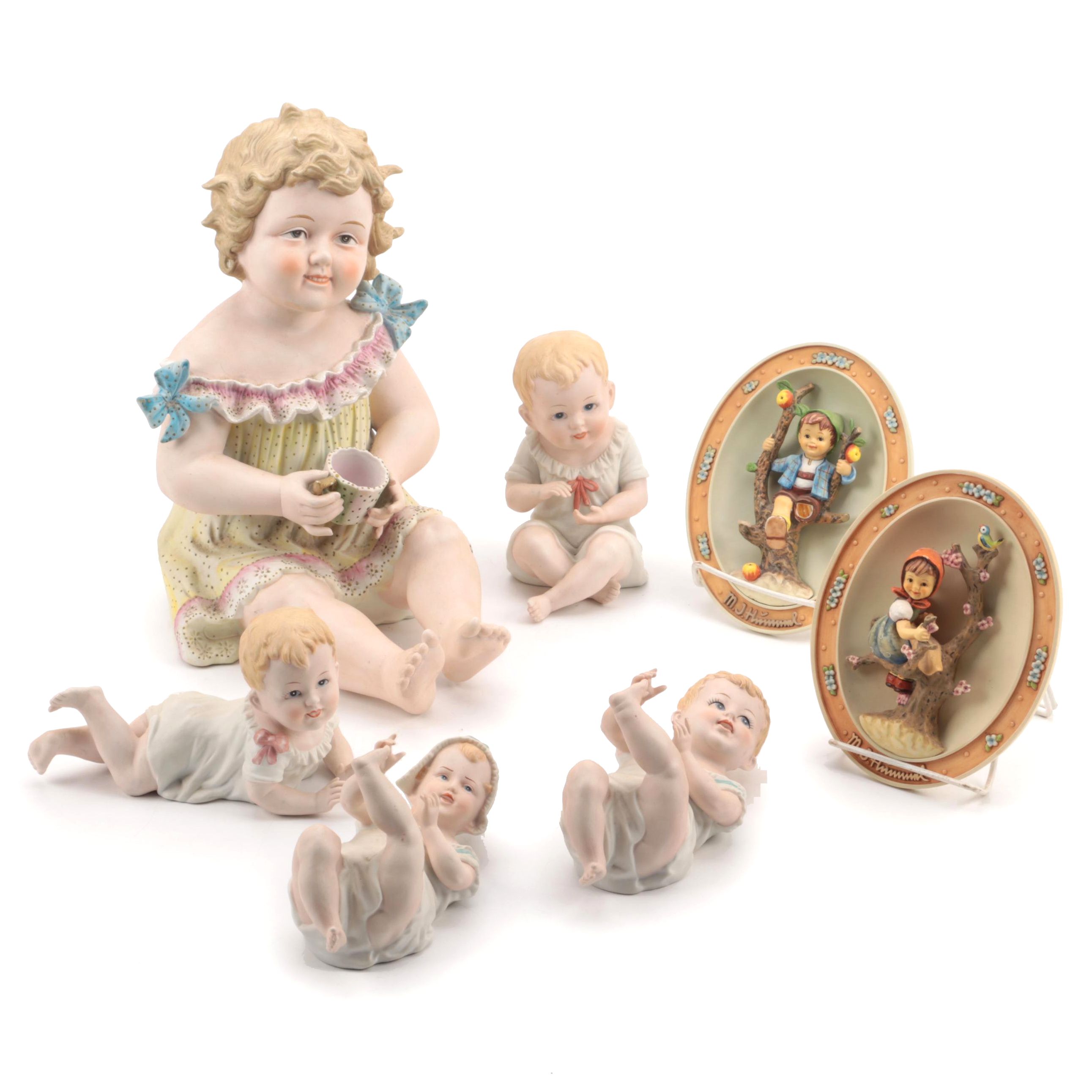 Bisque Piano Babies with Goebel Hummel "Apple Tree" Plaques