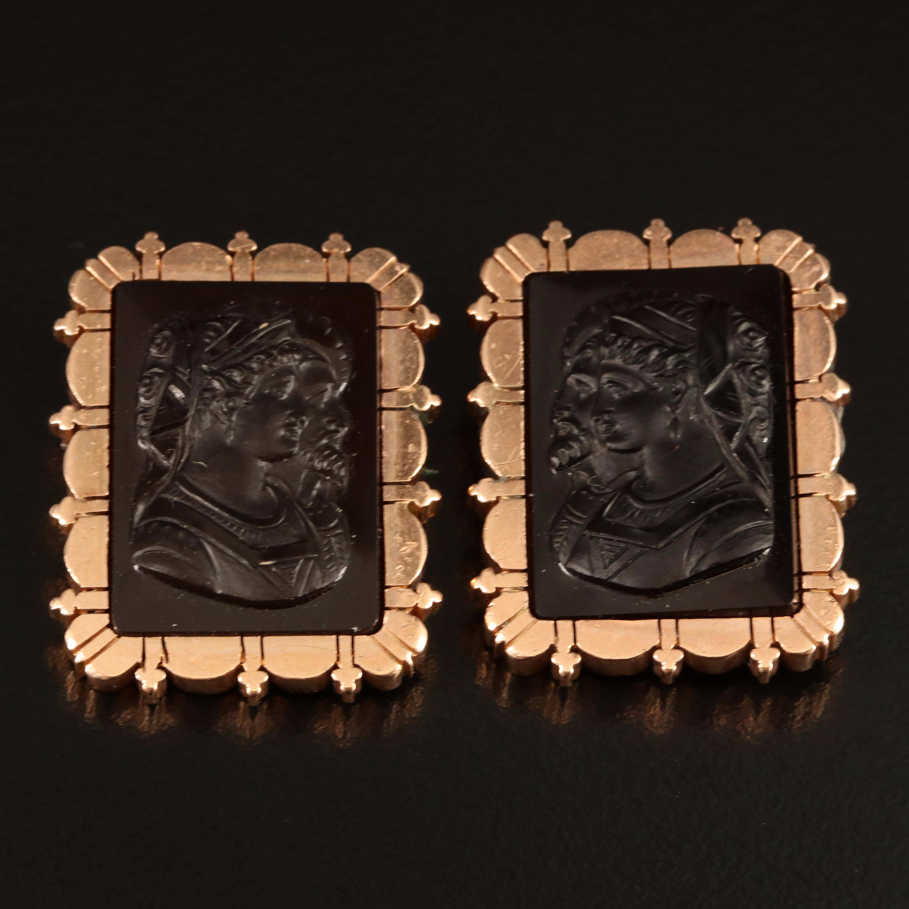 Victorian 14K Rose Gold Capita Jugata Cameo Pin Set