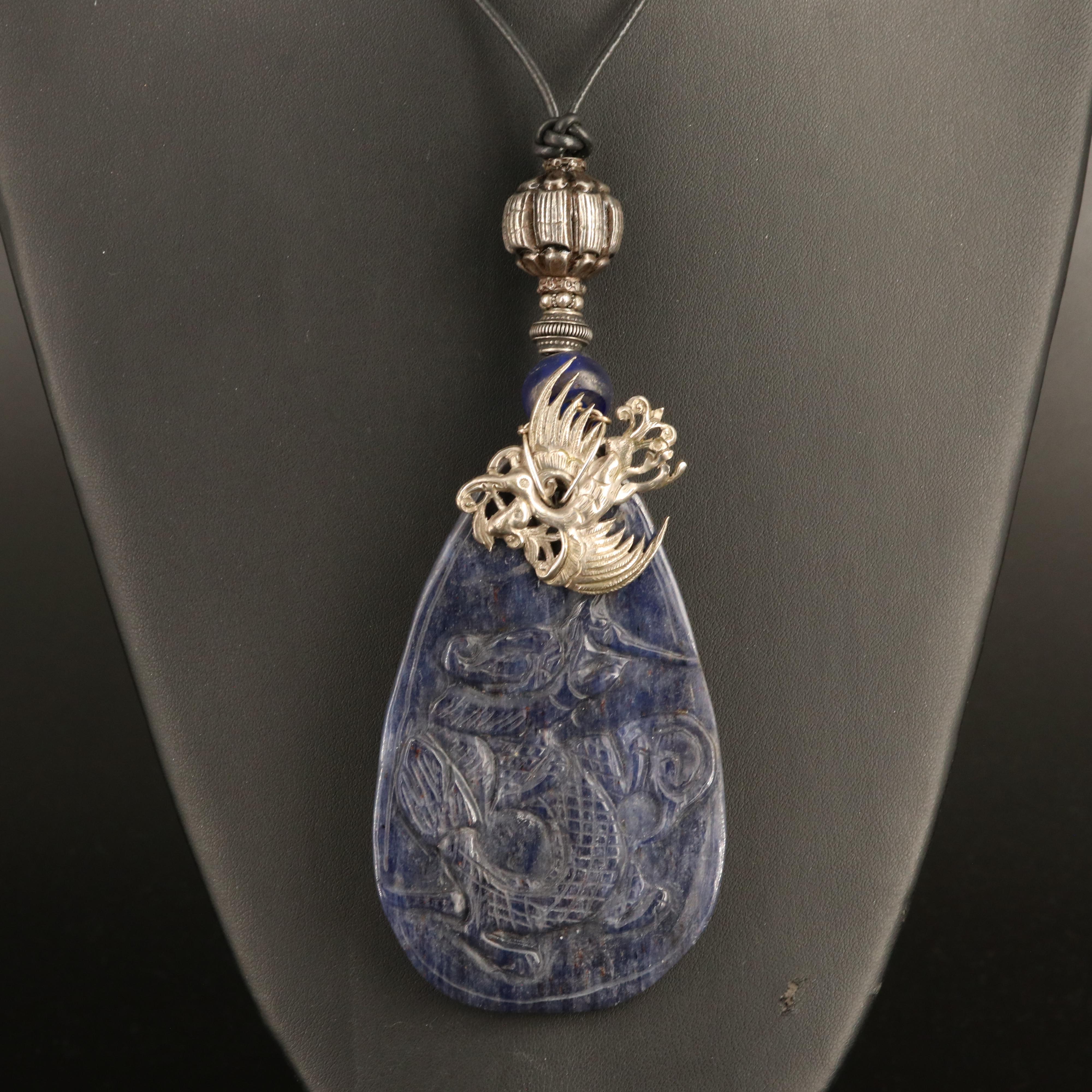 Chinese Large Carved Sodalite Dragon Pendant Necklace with Phoenix Accent