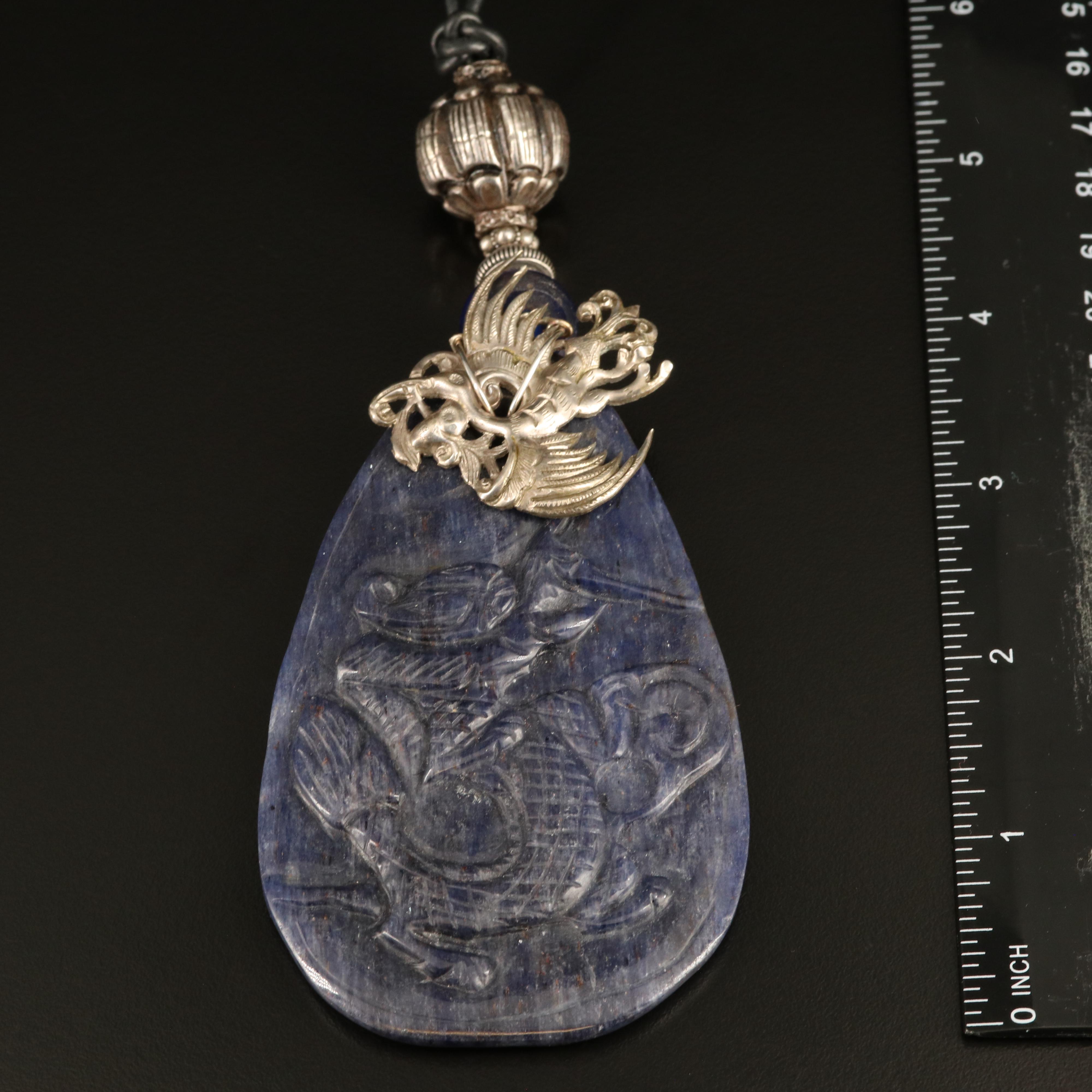 Chinese Large Carved Sodalite Dragon Pendant Necklace with Phoenix Accent