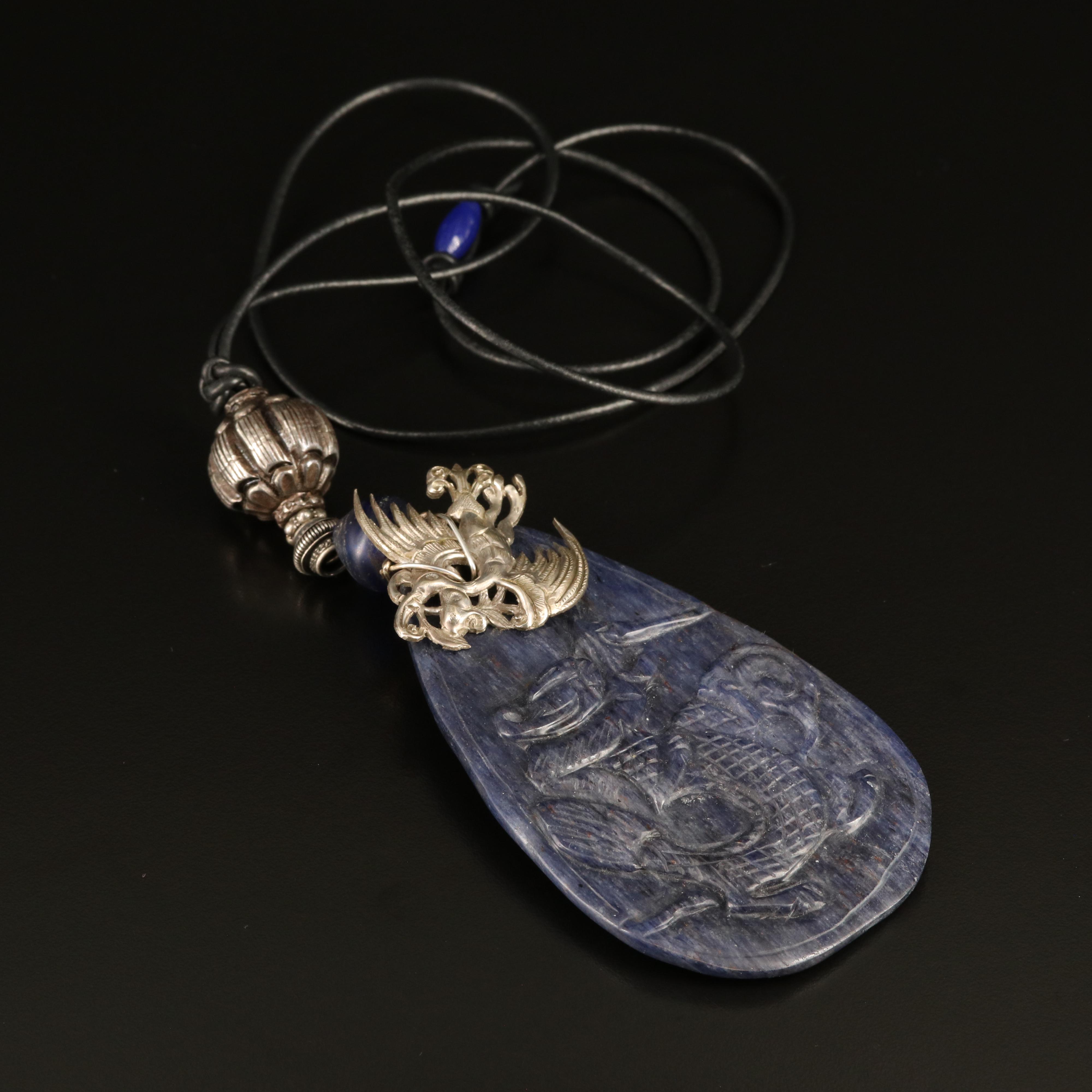 Chinese Large Carved Sodalite Dragon Pendant Necklace with Phoenix Accent