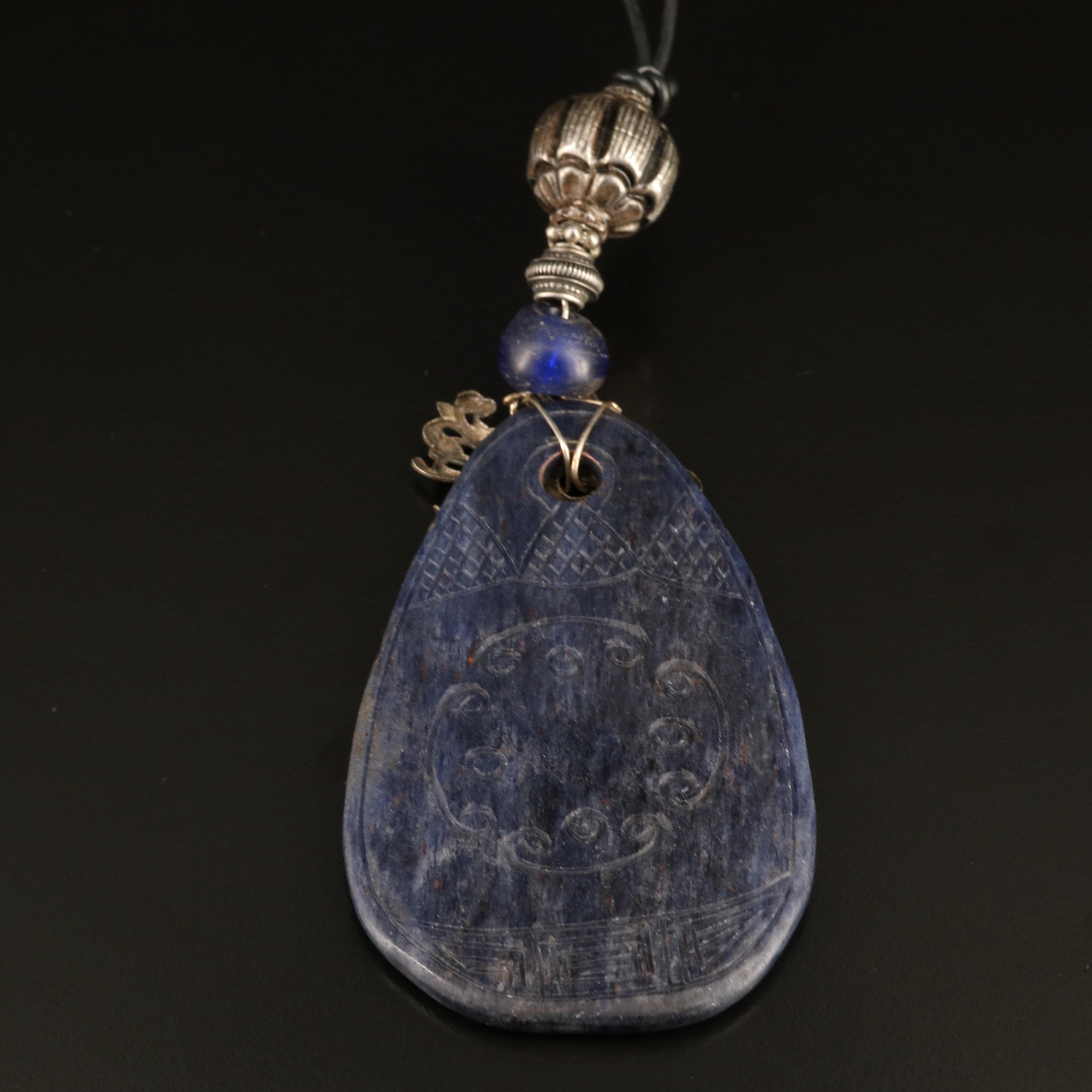 Chinese Large Carved Sodalite Dragon Pendant Necklace with Phoenix Accent