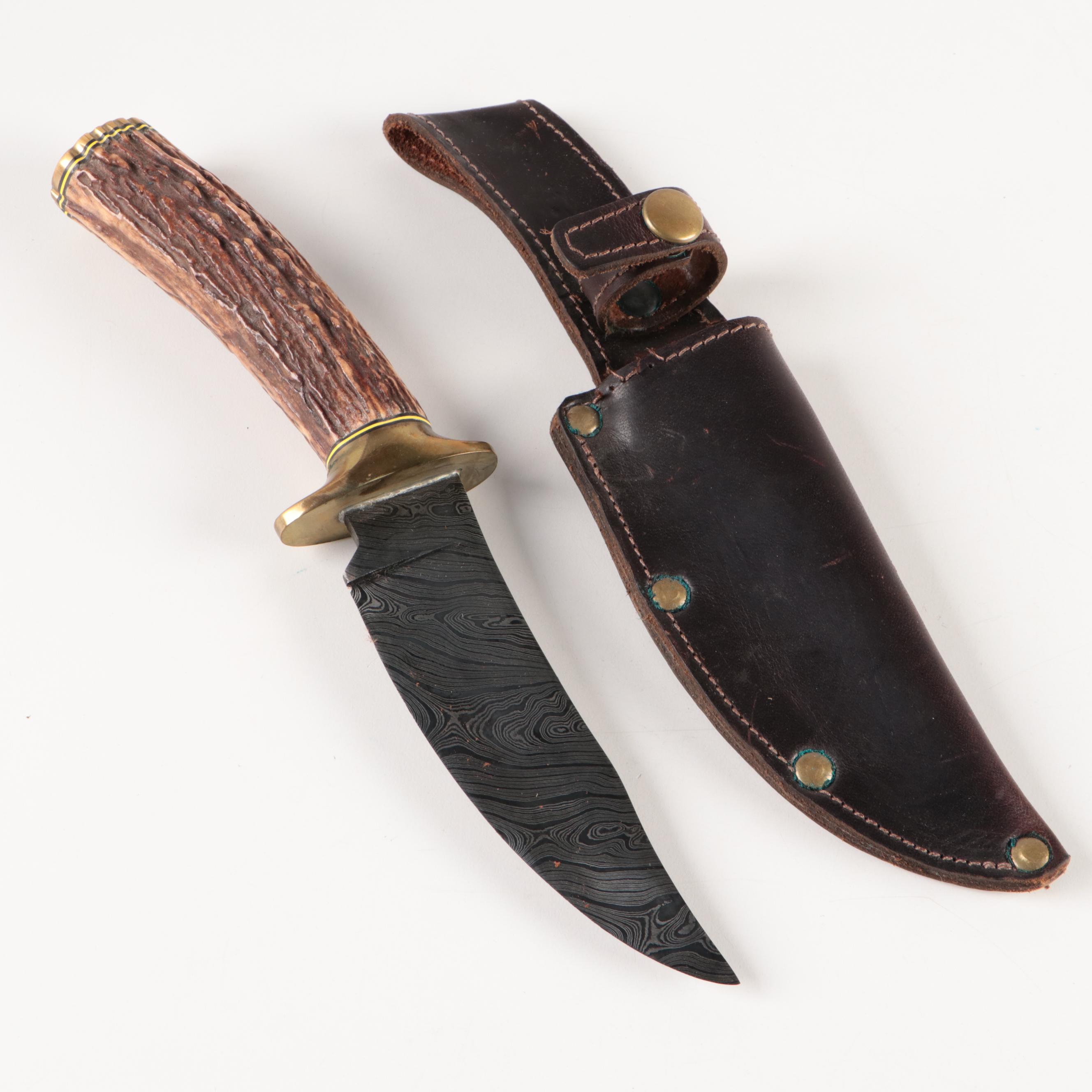 Doug Ponzio Damascus Steel Knife with Stag Handle and Leather Sheath