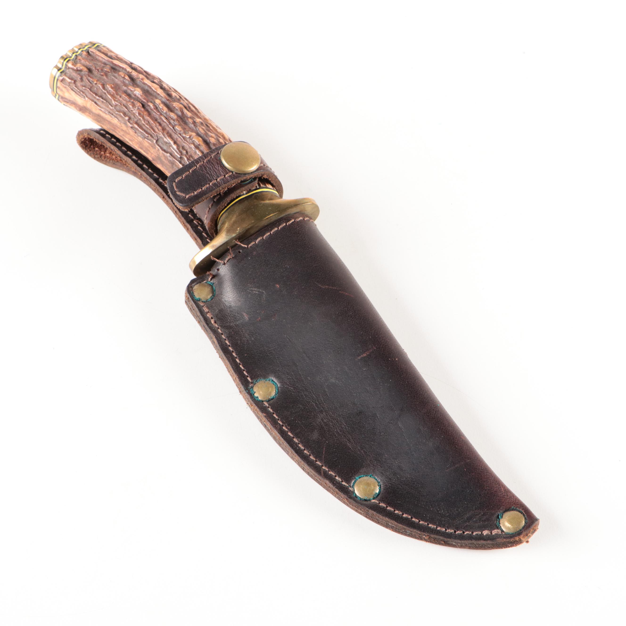 Doug Ponzio Damascus Steel Knife with Stag Handle and Leather Sheath