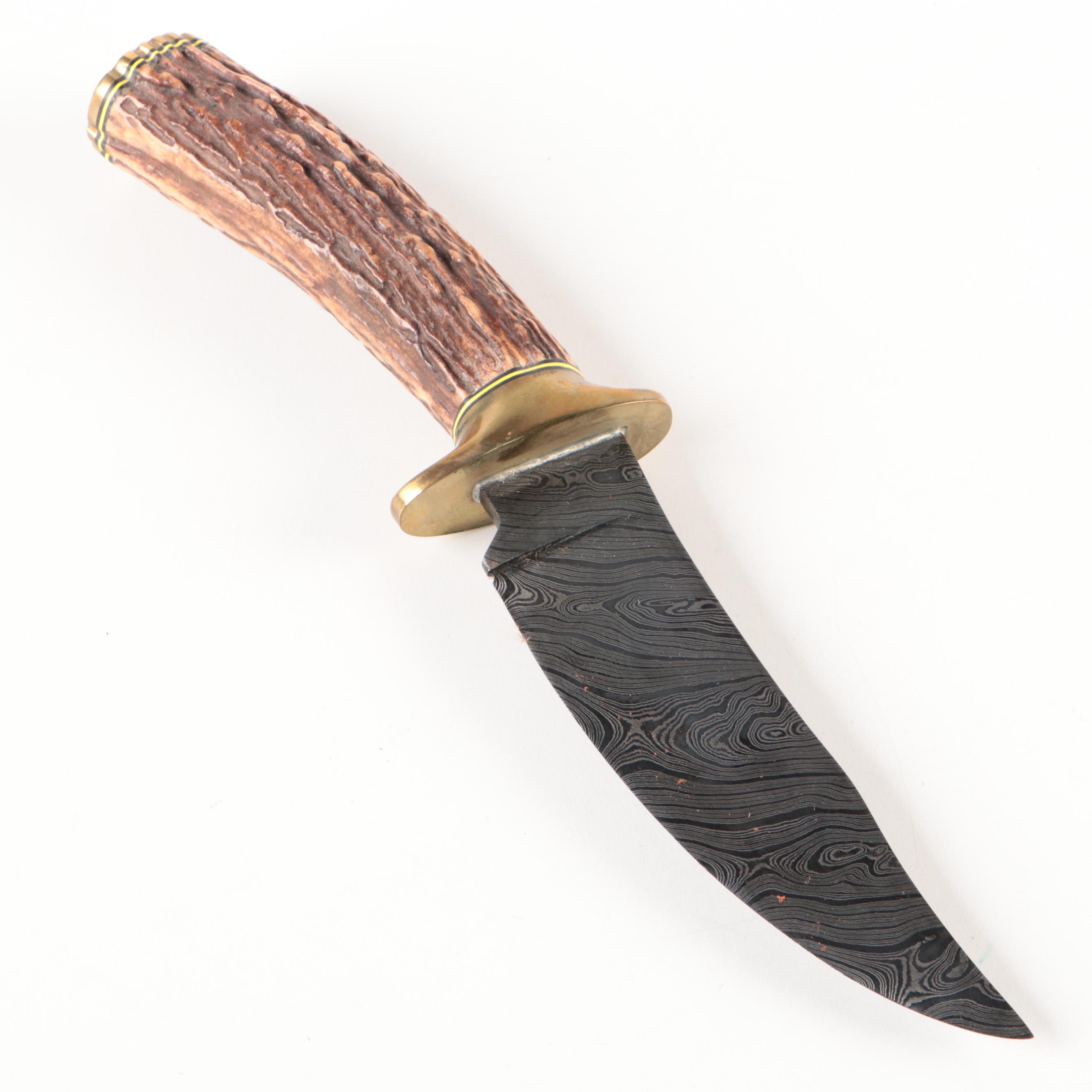 Doug Ponzio Damascus Steel Knife with Stag Handle and Leather Sheath