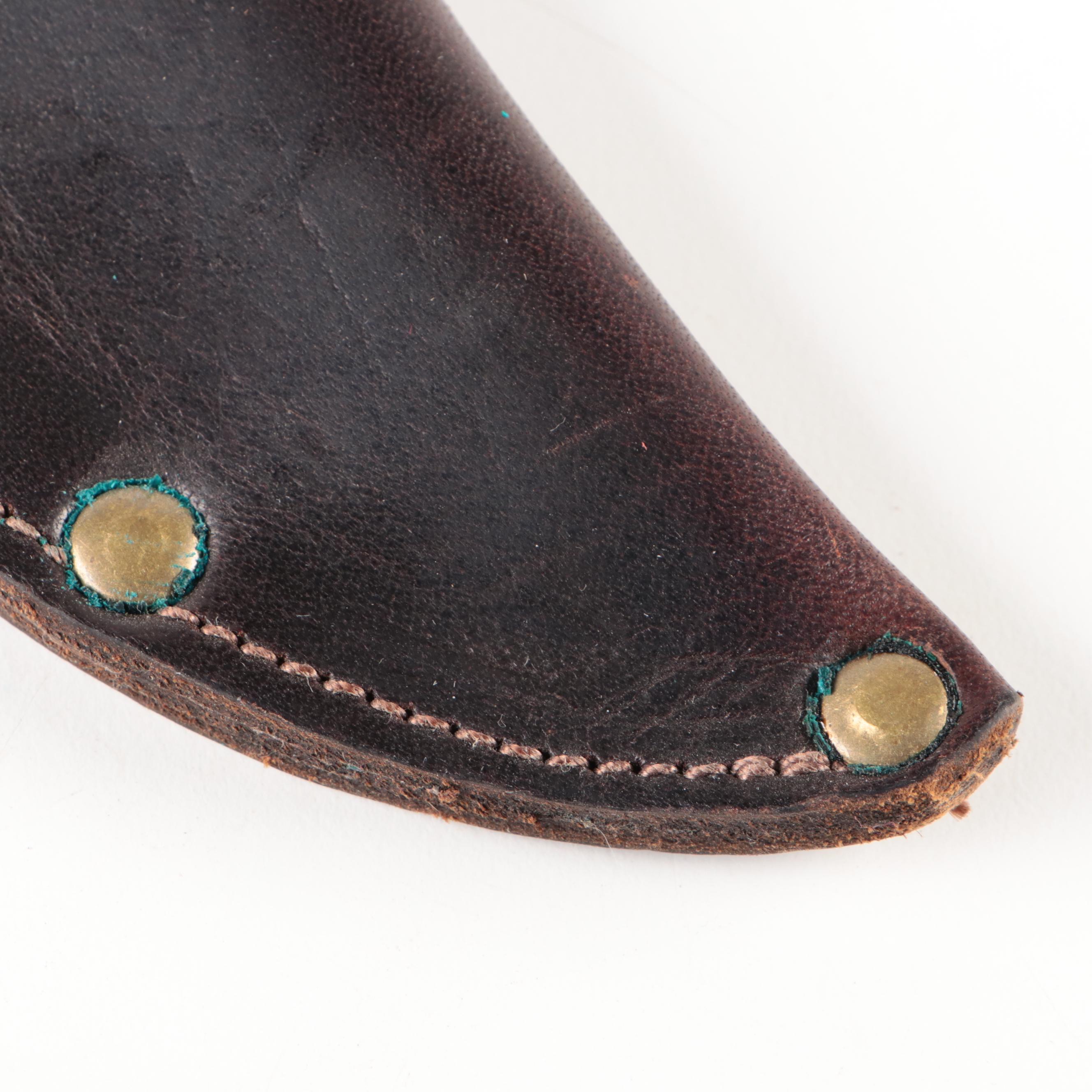 Doug Ponzio Damascus Steel Knife with Stag Handle and Leather Sheath