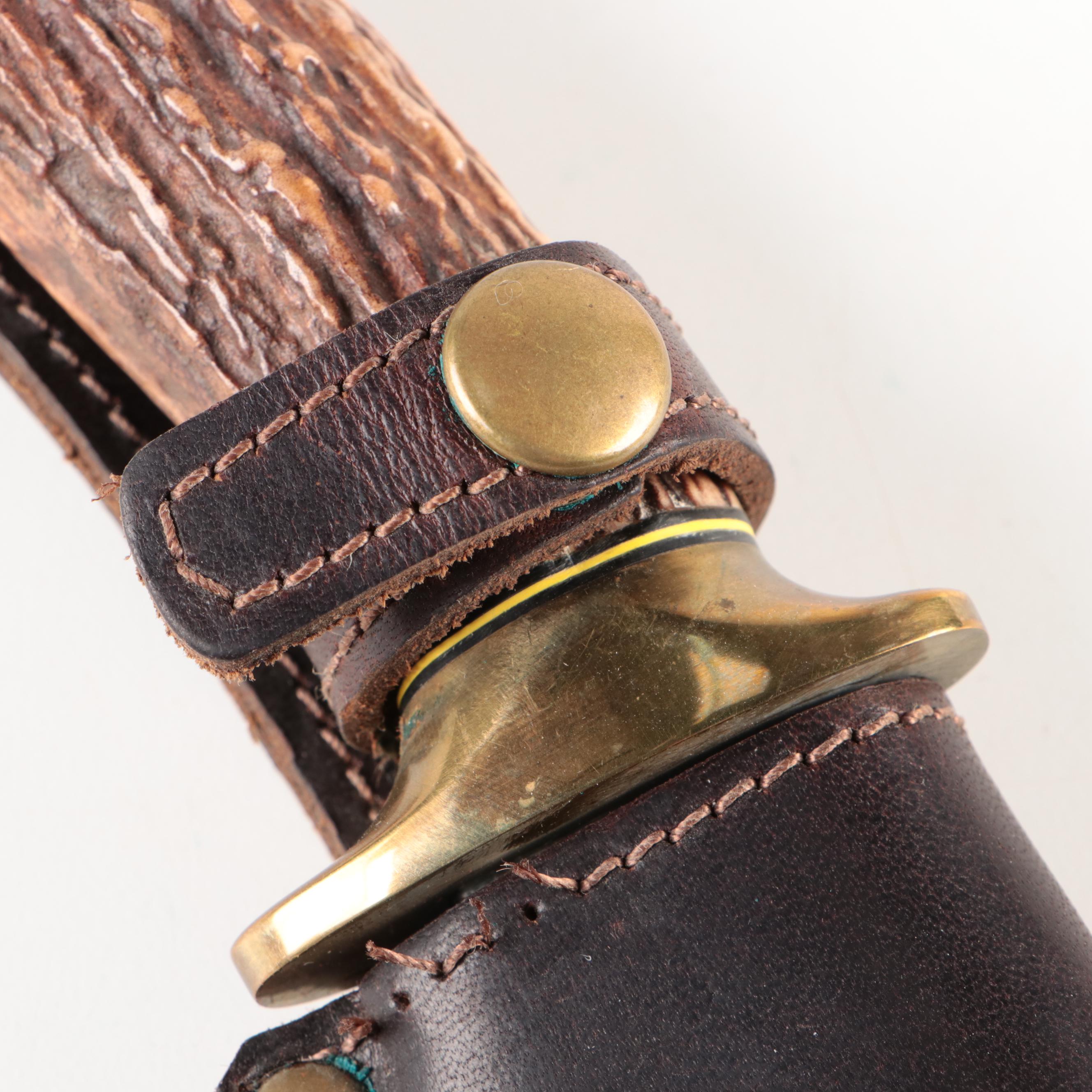 Doug Ponzio Damascus Steel Knife with Stag Handle and Leather Sheath