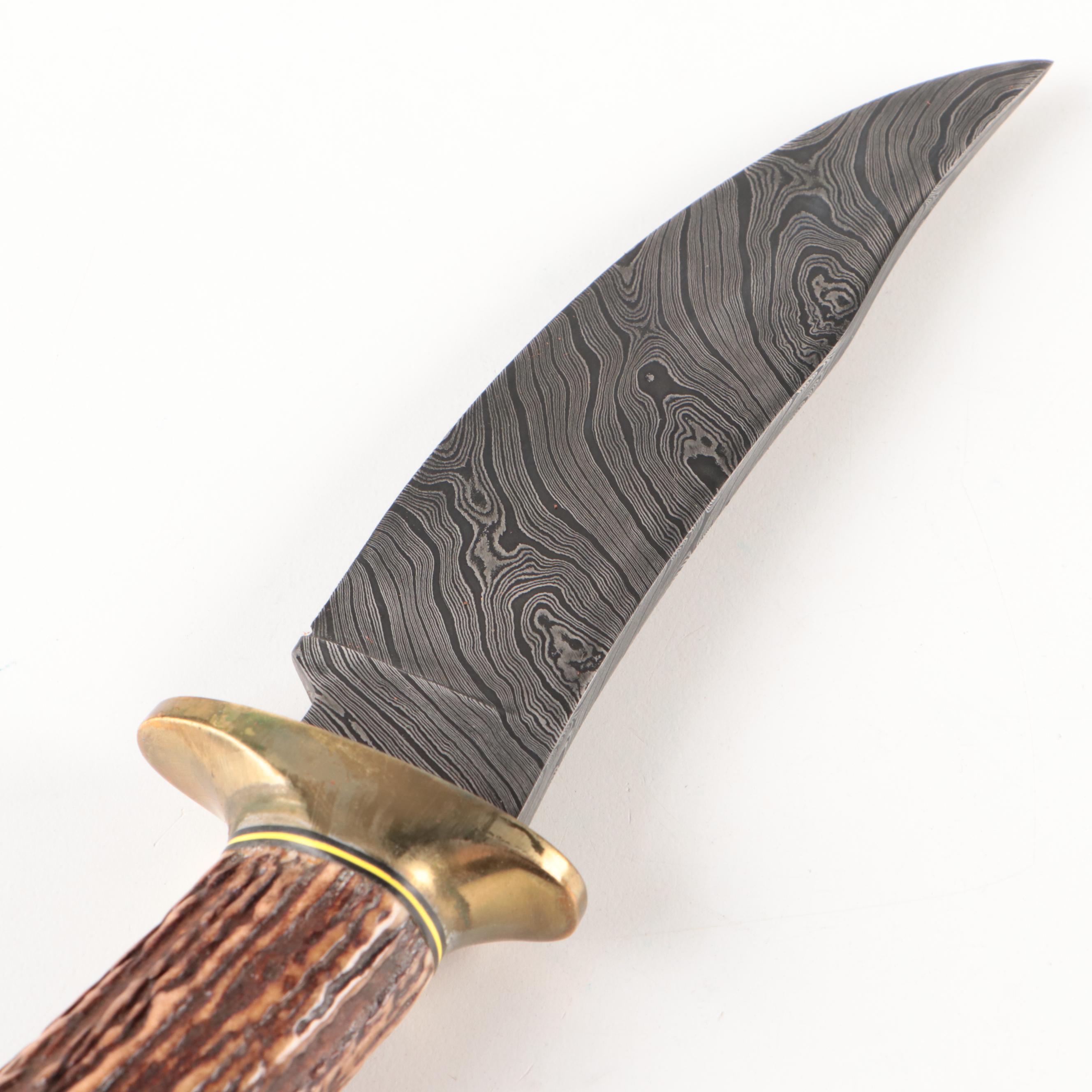 Doug Ponzio Damascus Steel Knife with Stag Handle and Leather Sheath