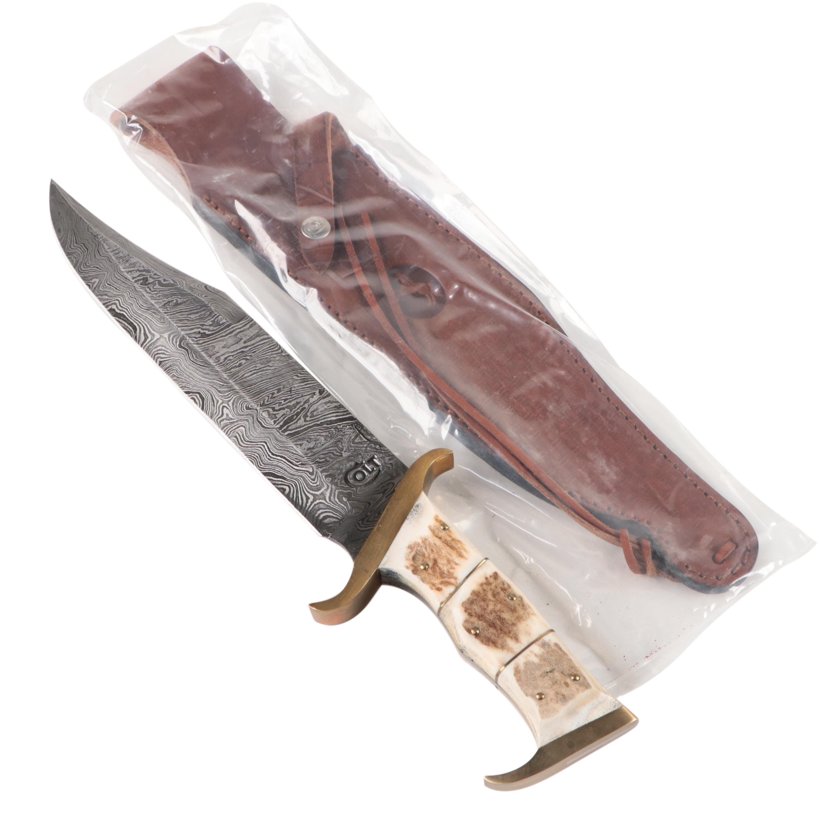 Colt® Damascus Steel Knife with Stag Handle and Leather Sheath