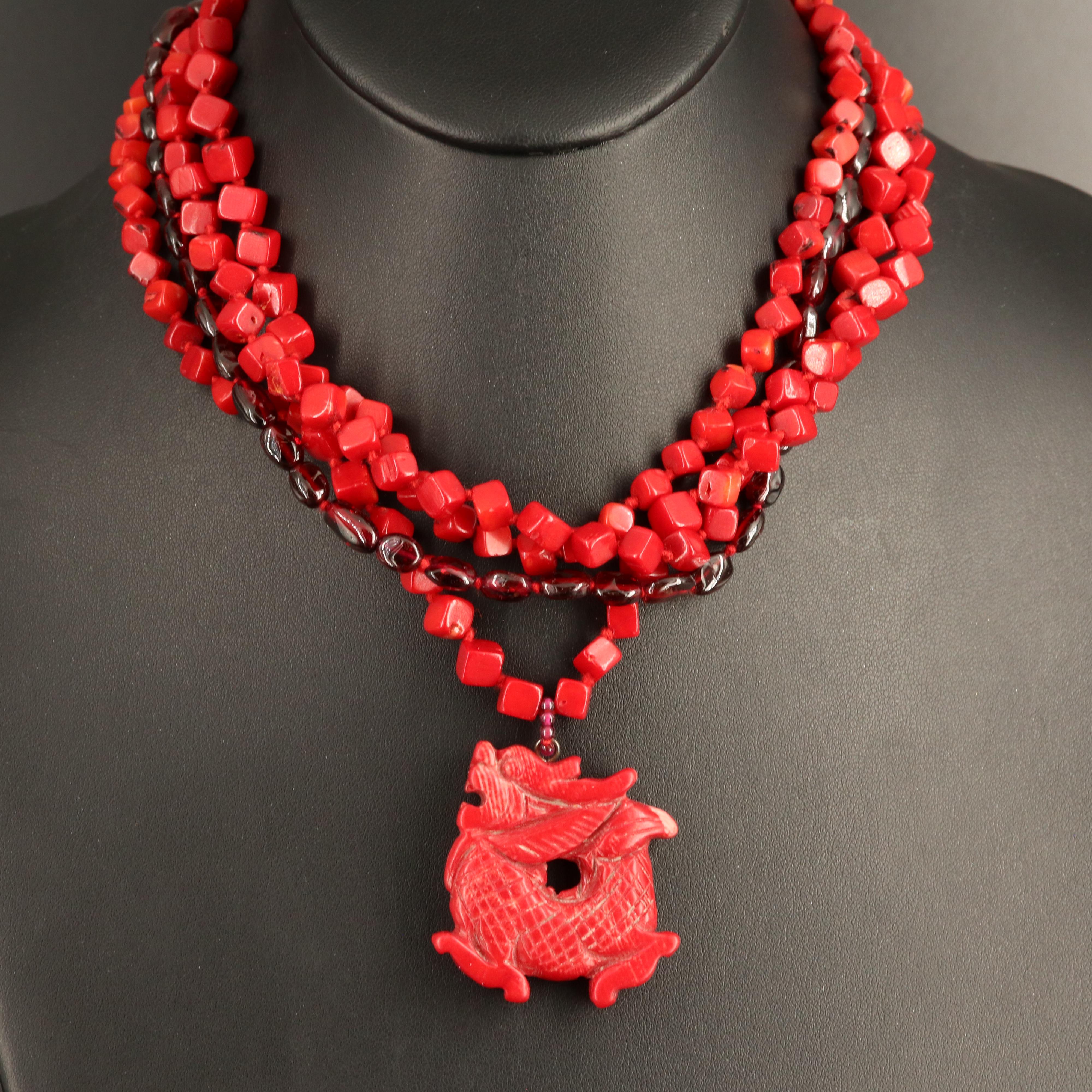 Chan Luu Coral and Garnet Dragon Multi-Strand Necklace with Sterling Clasp