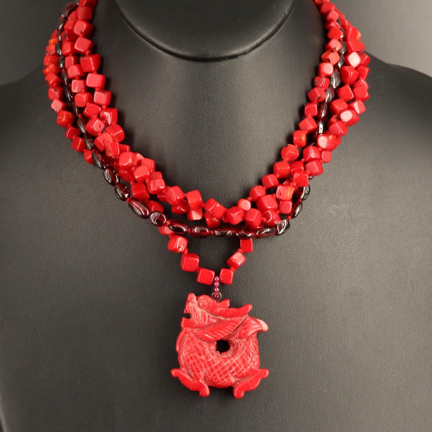 Chan Luu Coral and Garnet Dragon Multi-Strand Necklace with Sterling Clasp