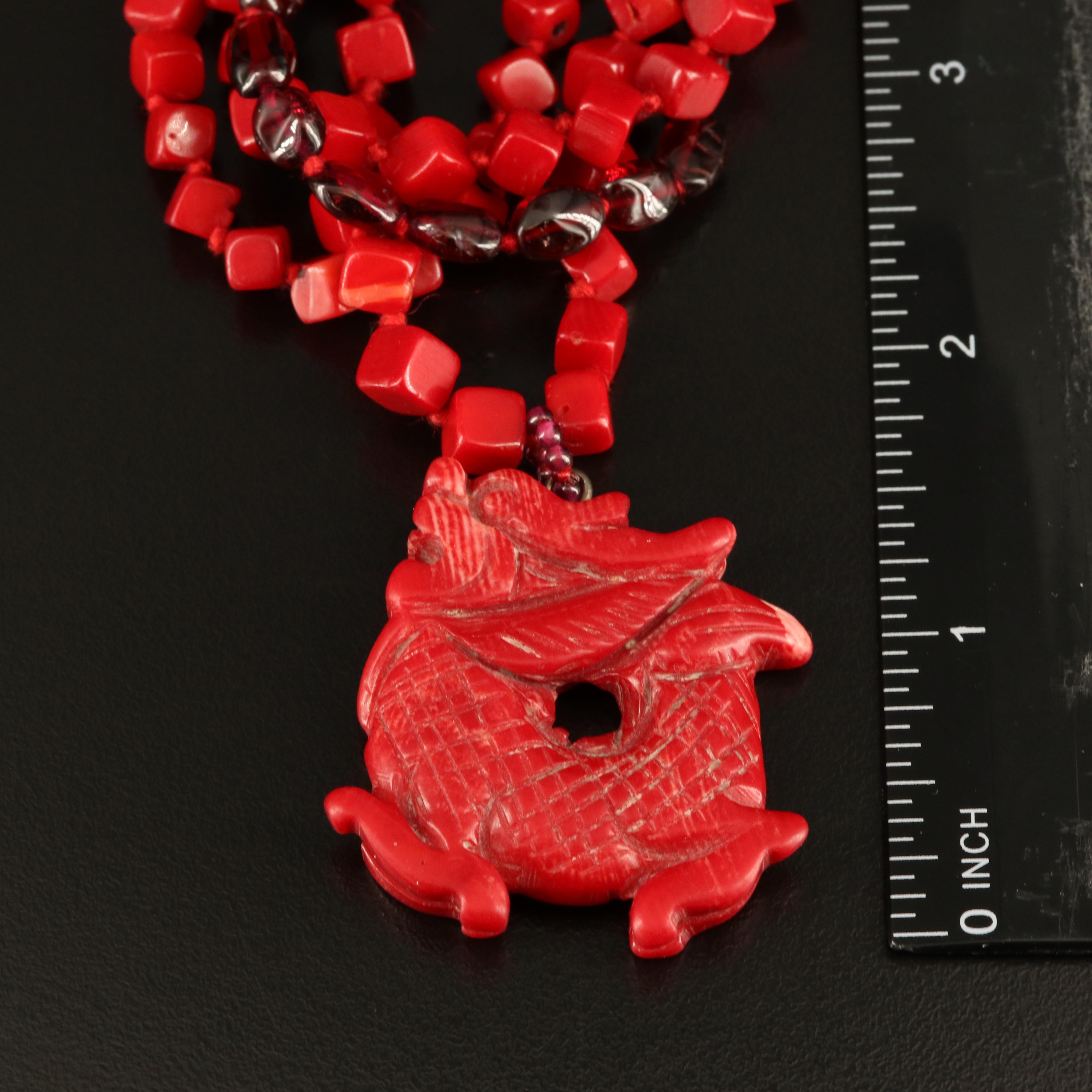 Chan Luu Coral and Garnet Dragon Multi-Strand Necklace with Sterling Clasp