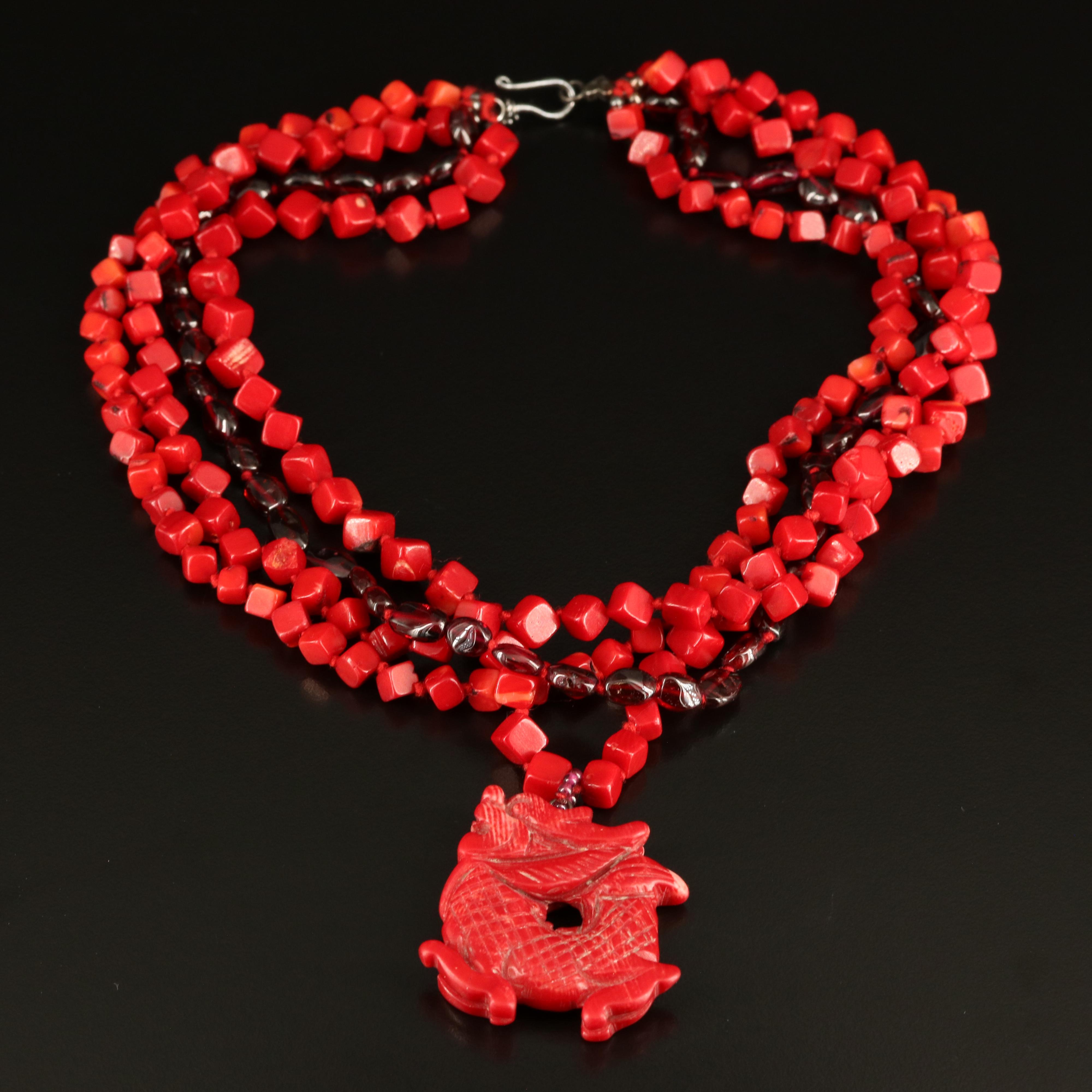Chan Luu Coral and Garnet Dragon Multi-Strand Necklace with Sterling Clasp