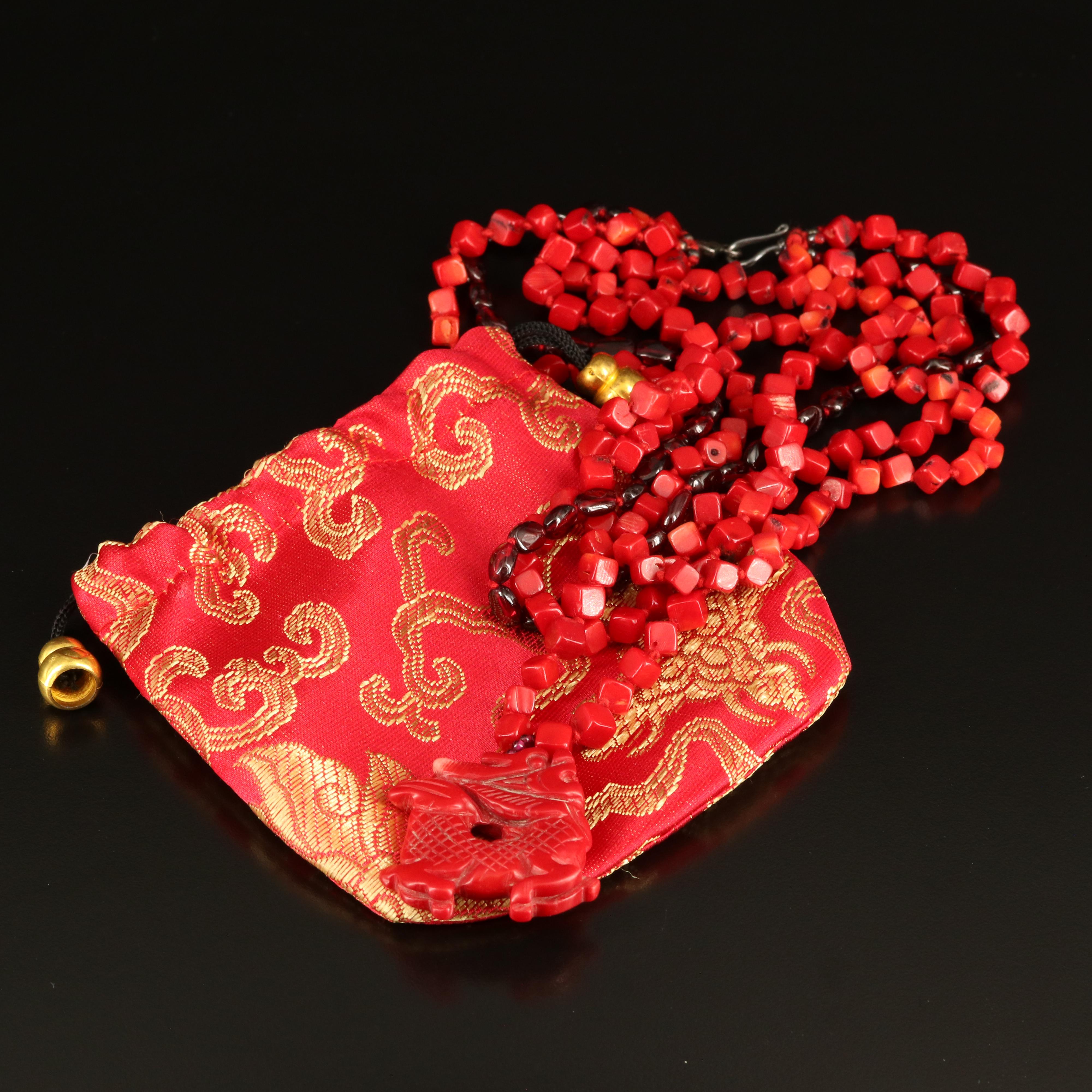 Chan Luu Coral and Garnet Dragon Multi-Strand Necklace with Sterling Clasp