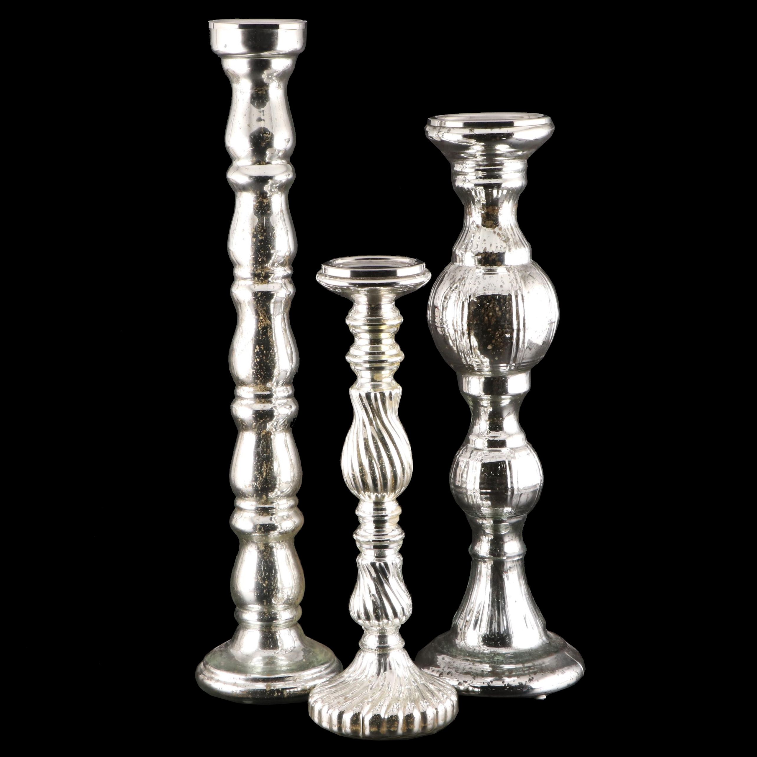 Contemporary Mercury Finish Glass Pillar Candle Holders