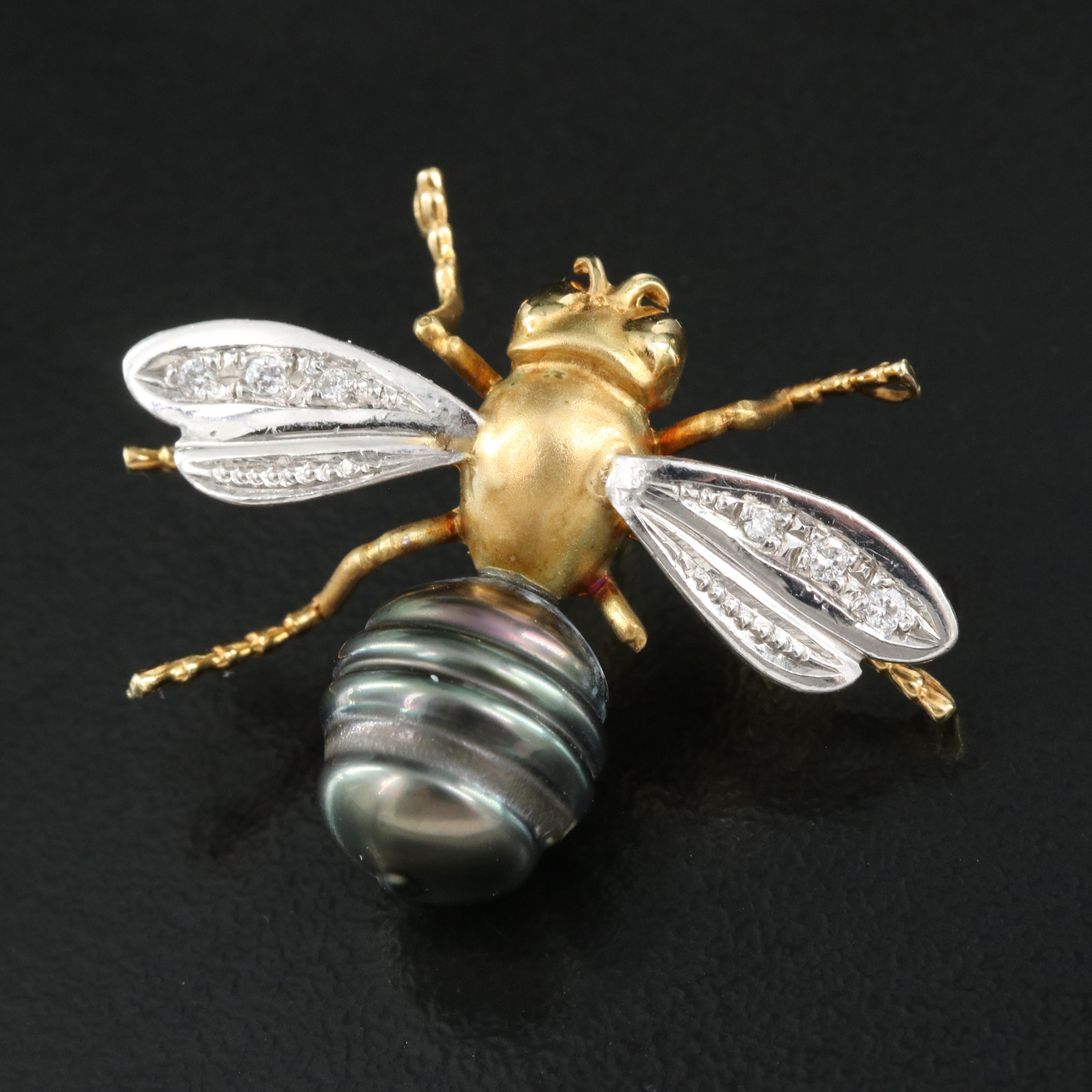 Platinum and 18K Pearl and Diamond Honey Bee Brooch