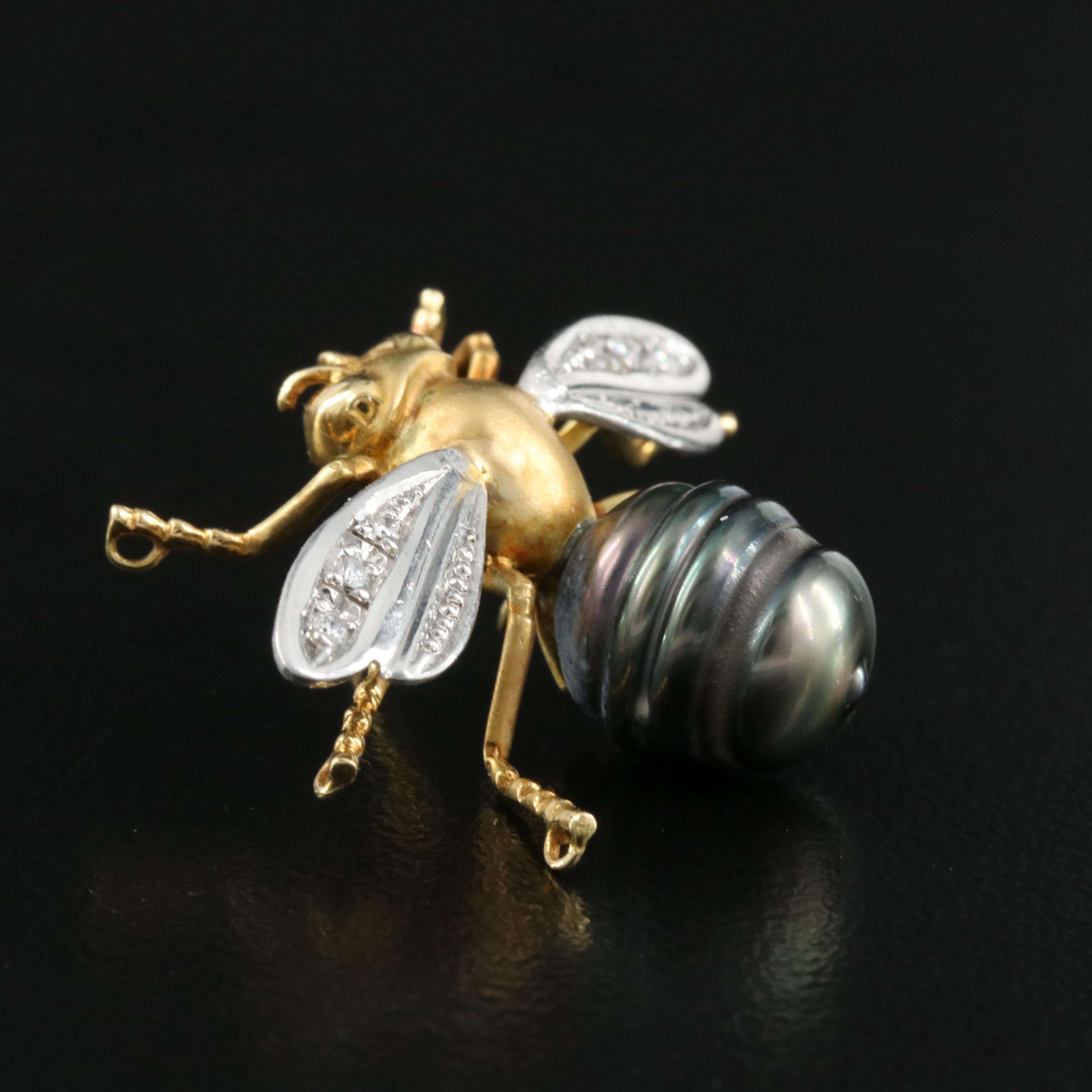 Platinum and 18K Pearl and Diamond Honey Bee Brooch