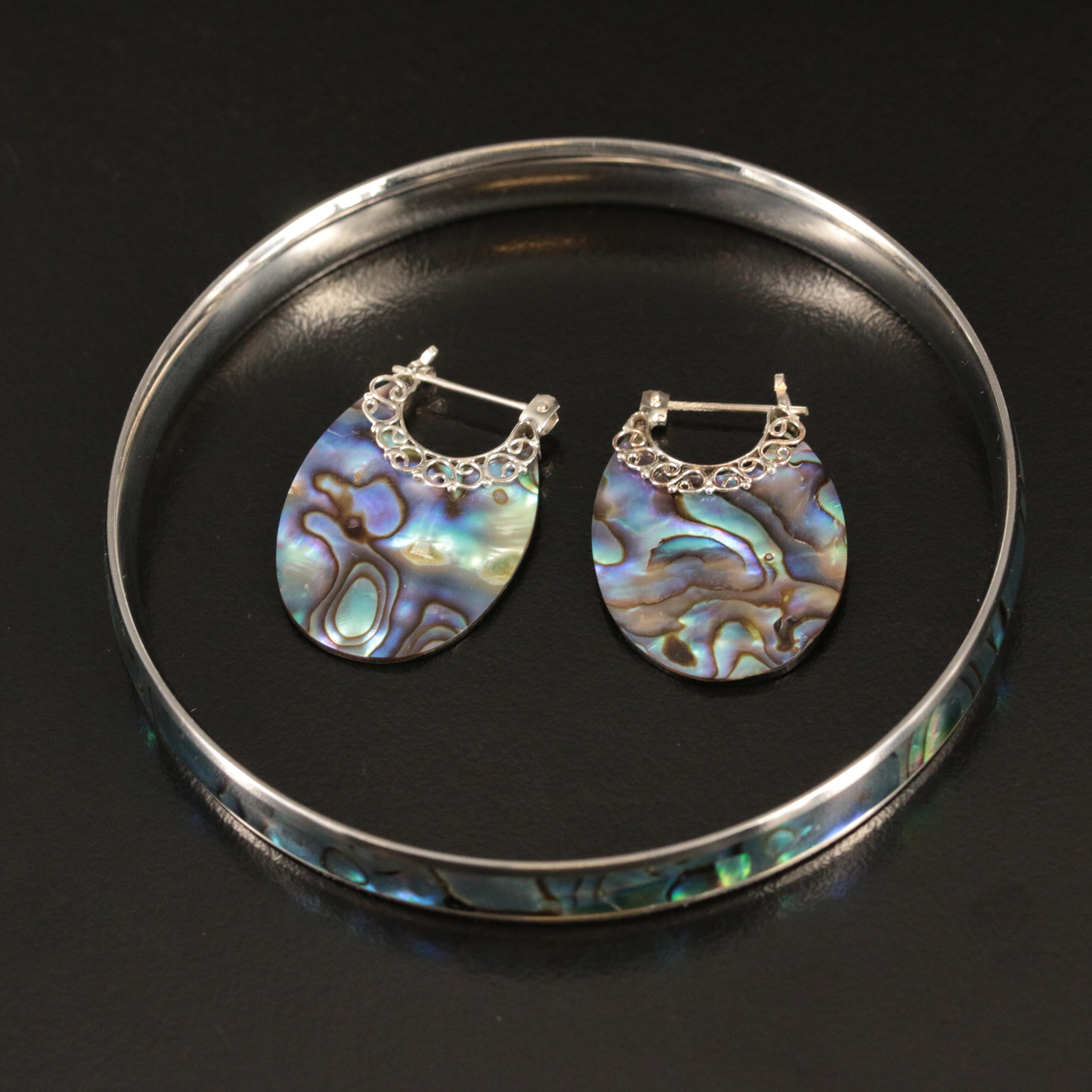 Abalone Bangle and Sterling Hoop Earrings