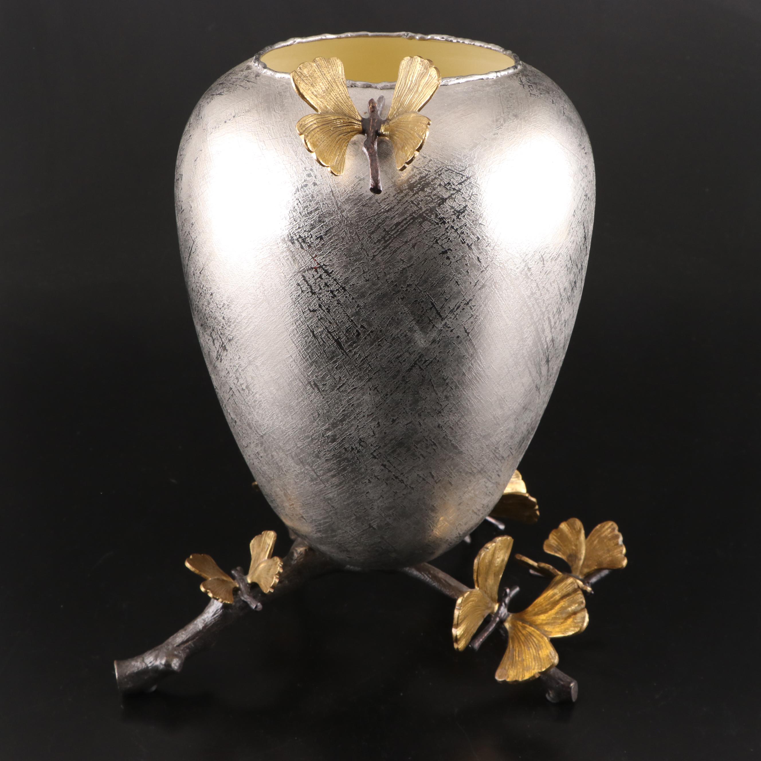 Michael Aram Stainless Steel and Oxidized Brass "Butterfly Ginkgo" Vase