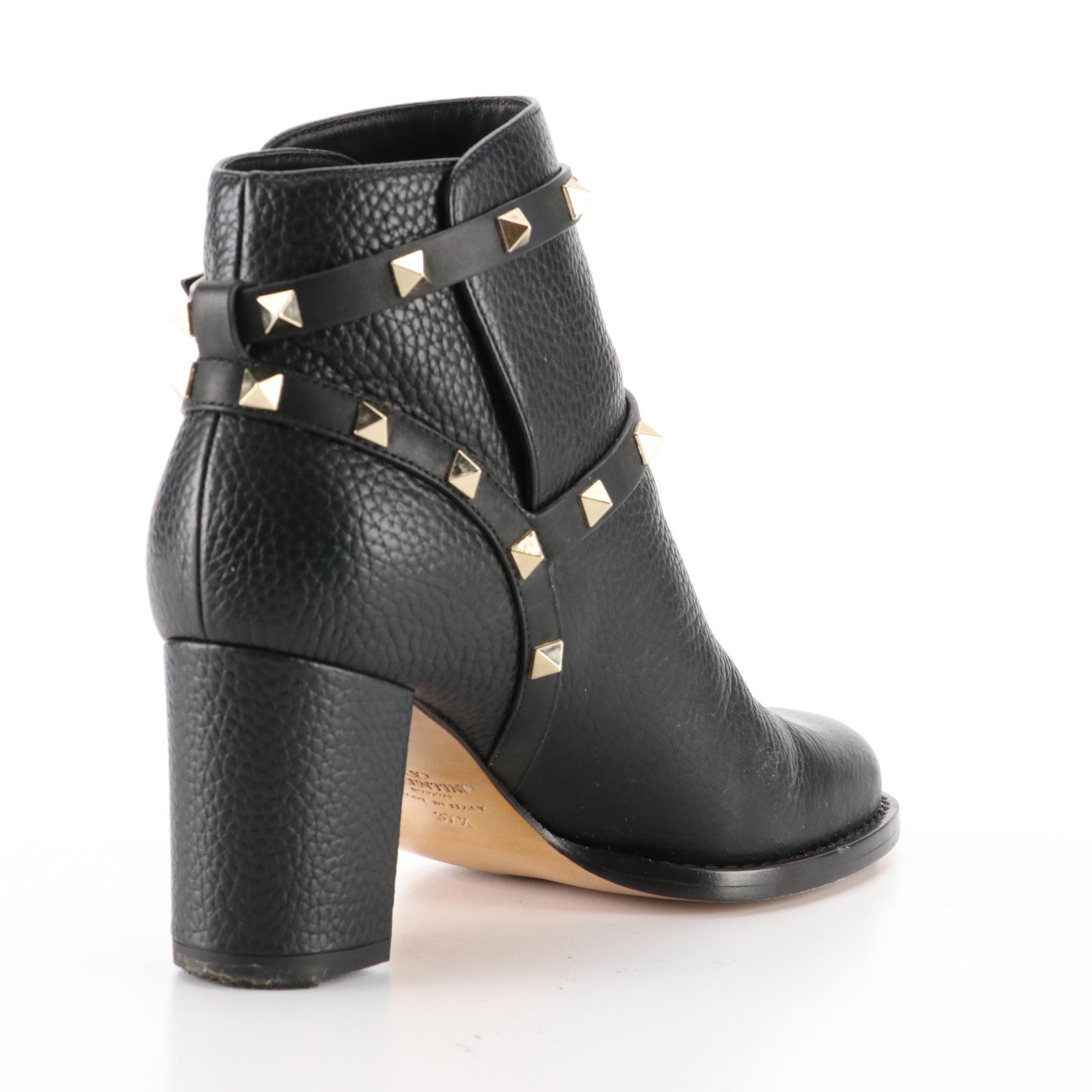 Valentino Rockstud Ankle Boots in Black Grained Leather with Block Heel