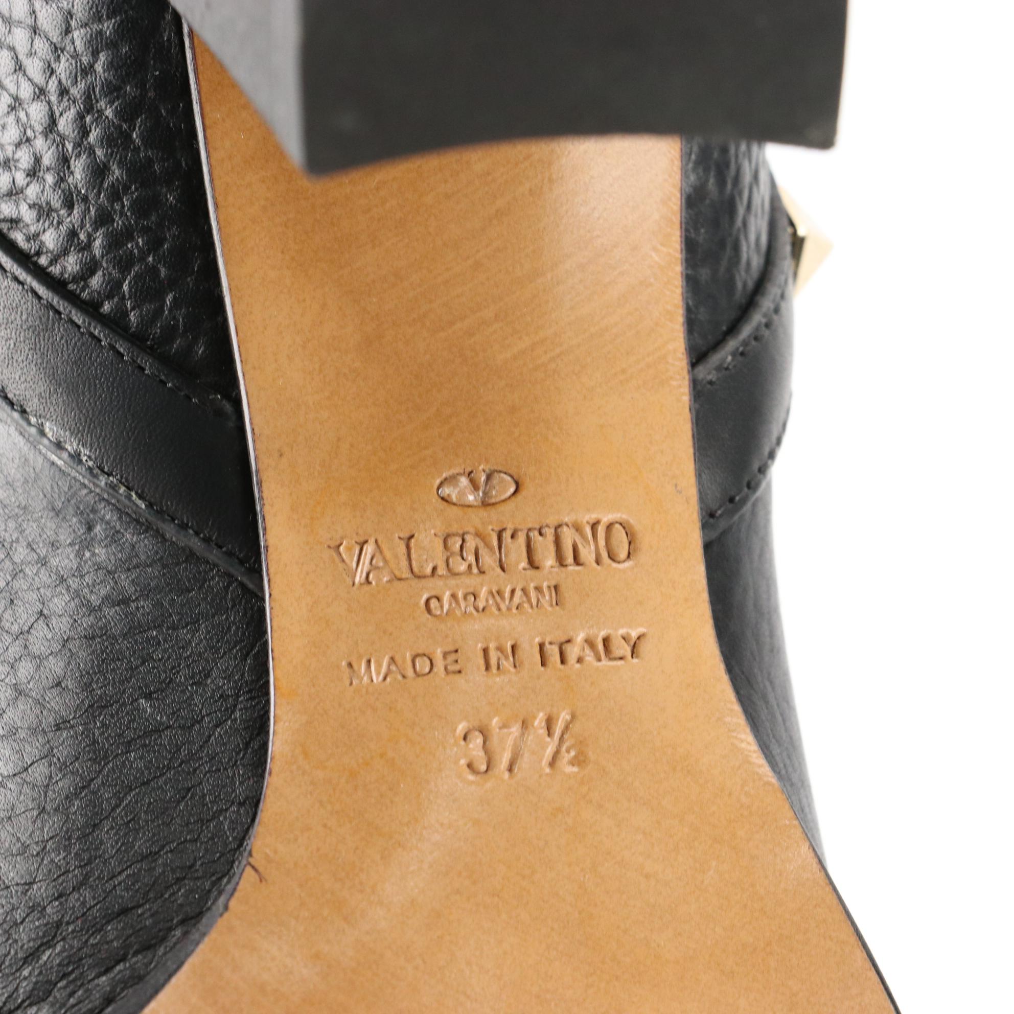 Valentino Rockstud Ankle Boots in Black Grained Leather with Block Heel