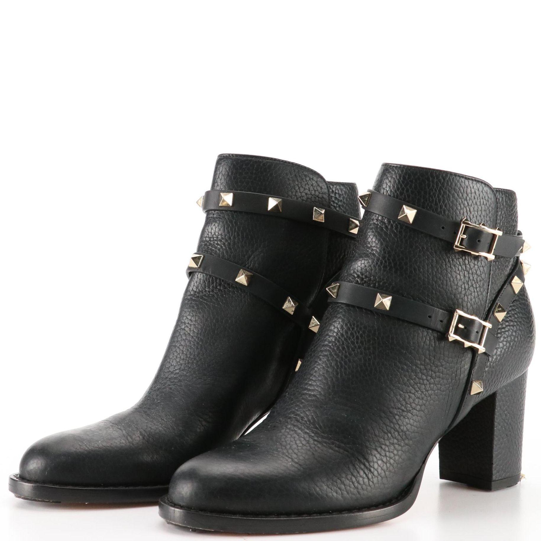Valentino Rockstud Ankle Boots in Black Grained Leather with Block Heel
