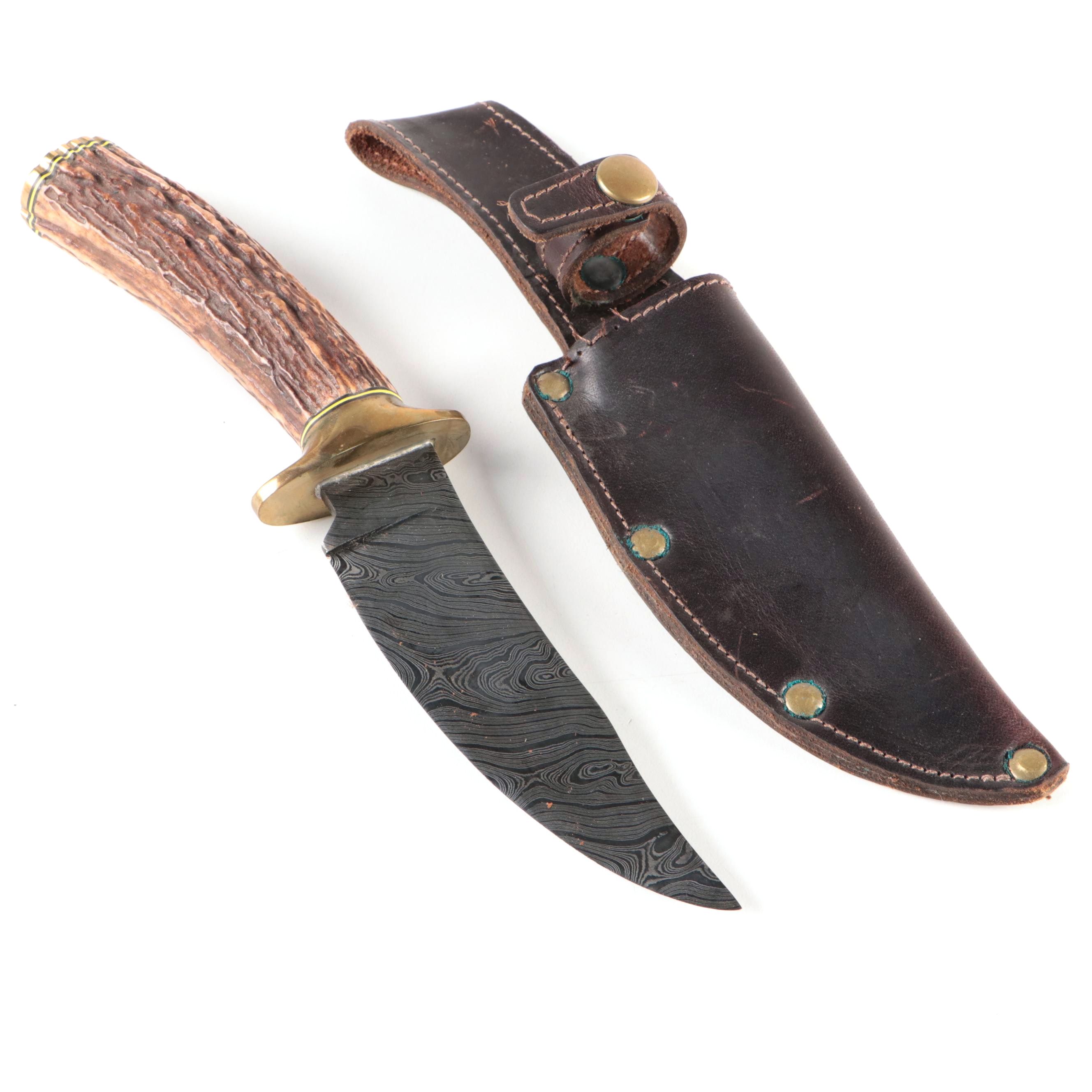 Doug Ponzio Damascus Steel Knife with Stag Handle and Leather Sheath