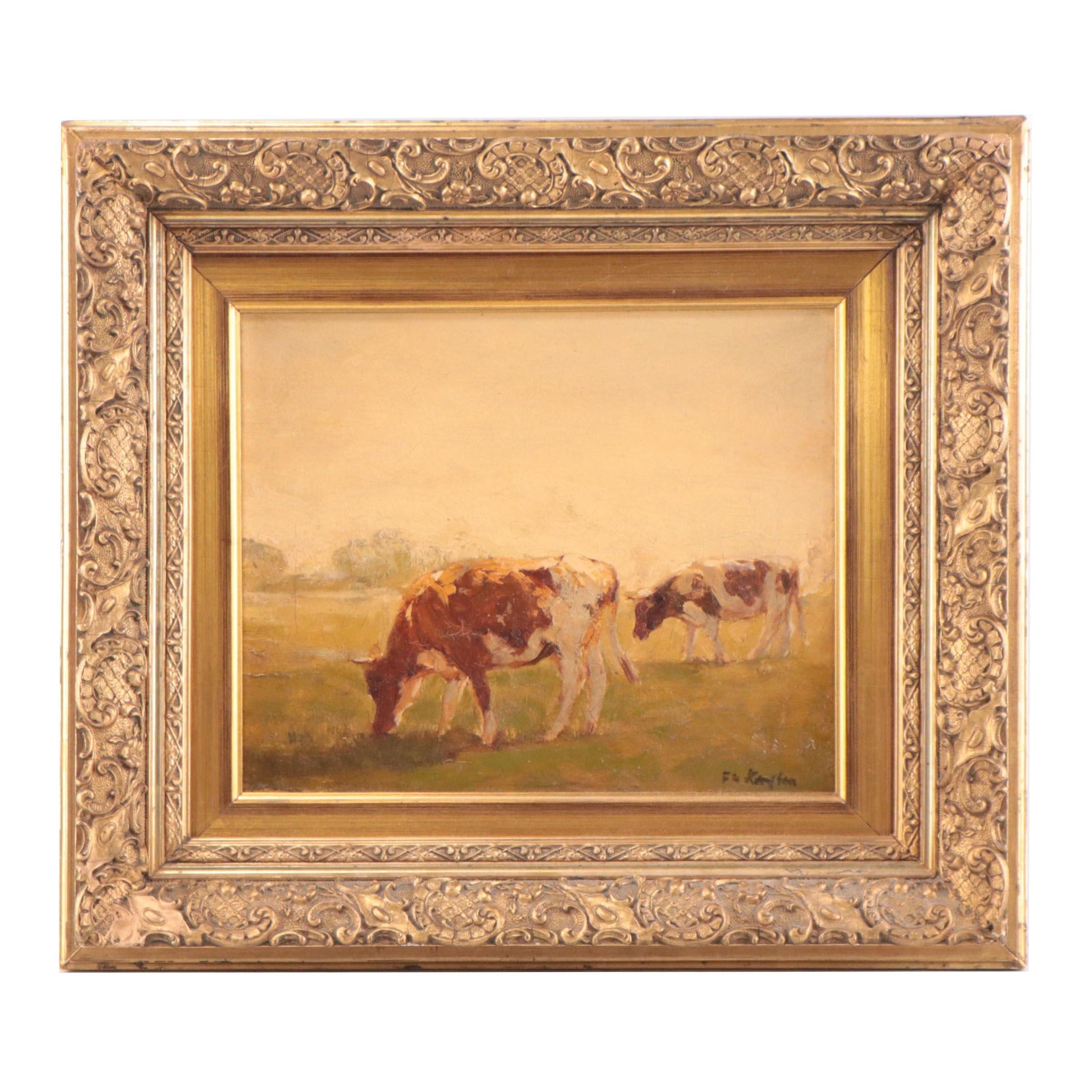 Pastoral Landscape Oil Painting of Two Cows in Field