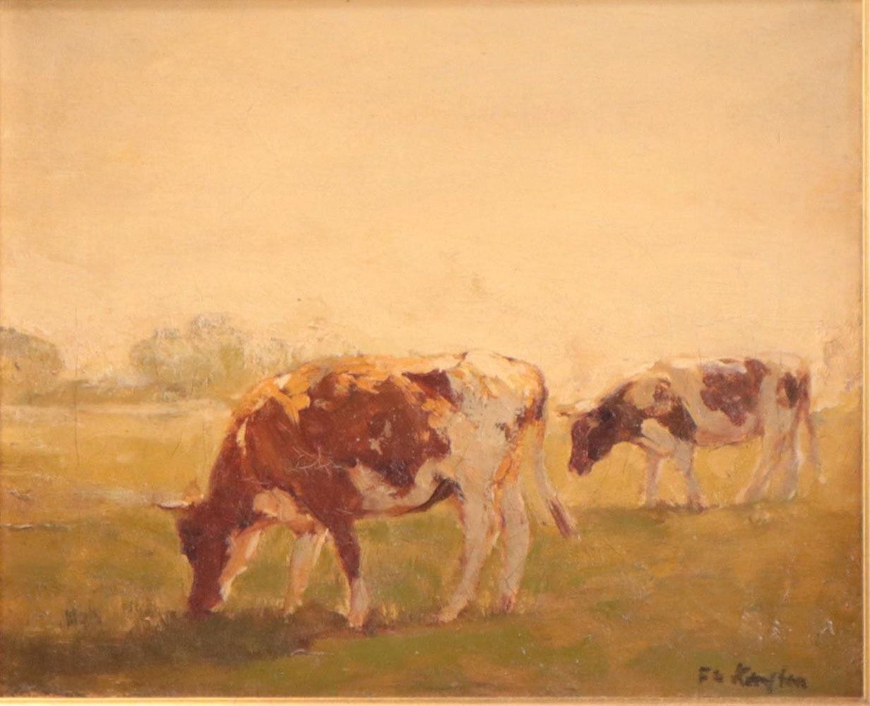Pastoral Landscape Oil Painting of Two Cows in Field