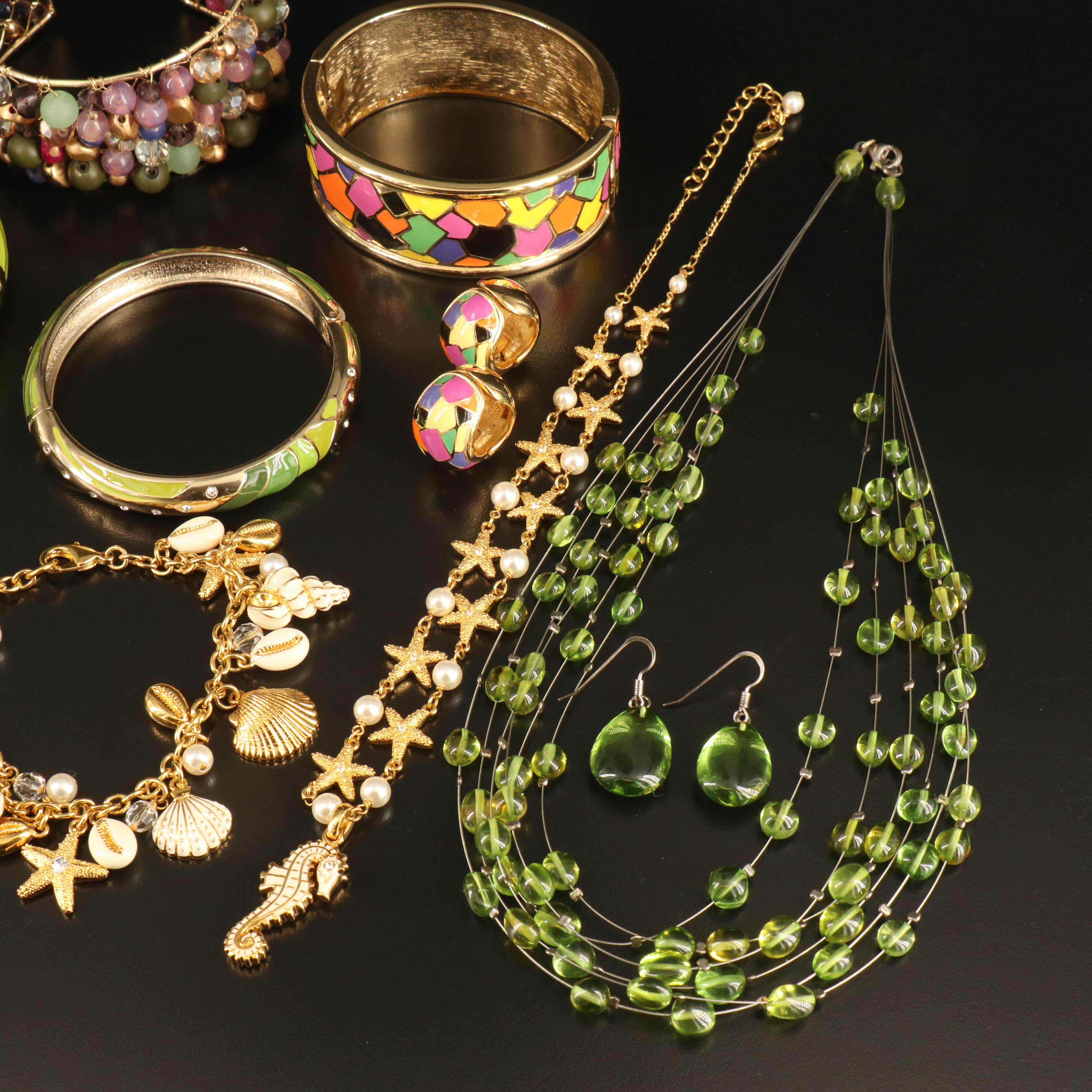 Woven Bracelet, Enamel and Rhinestone Jewelry Sets