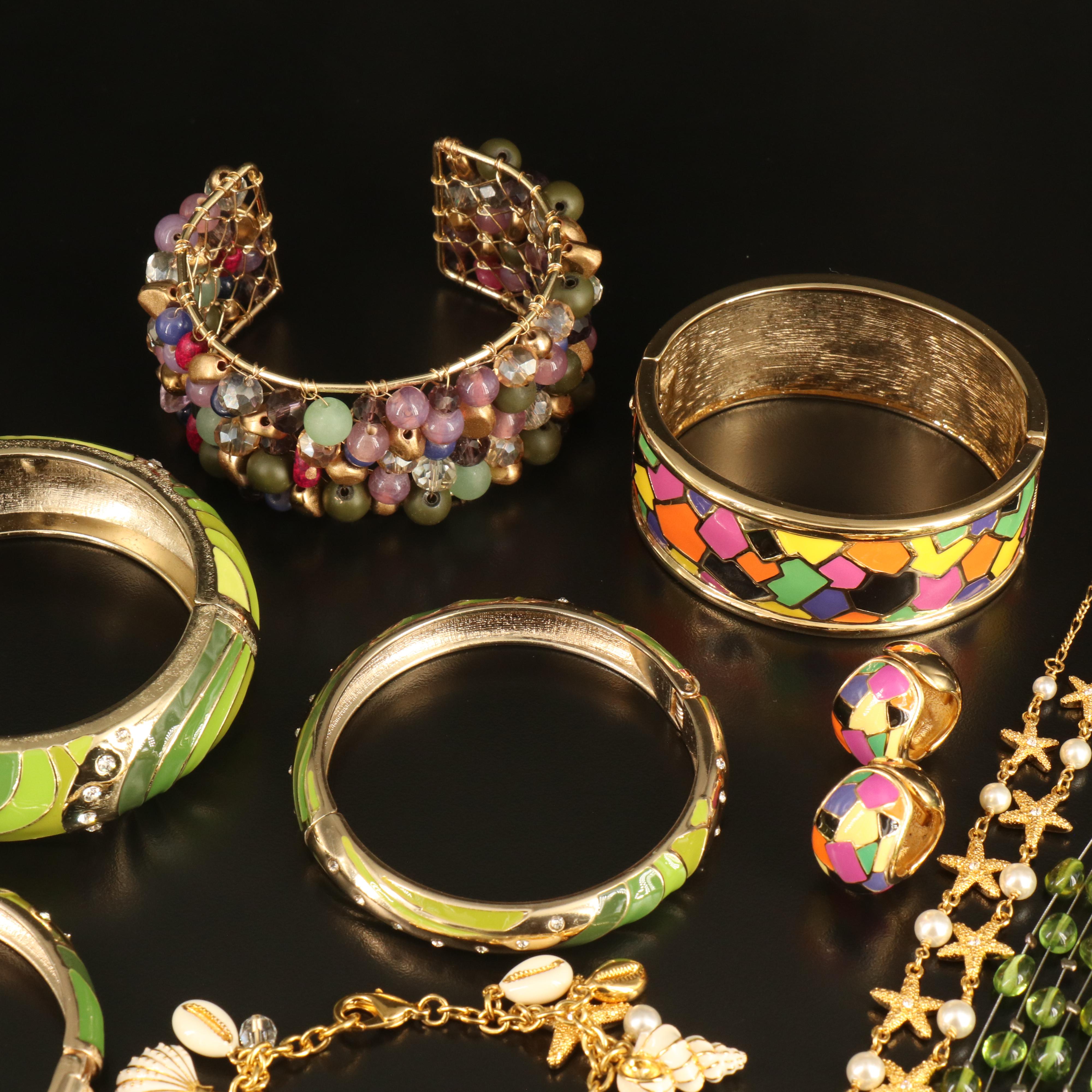 Woven Bracelet, Enamel and Rhinestone Jewelry Sets