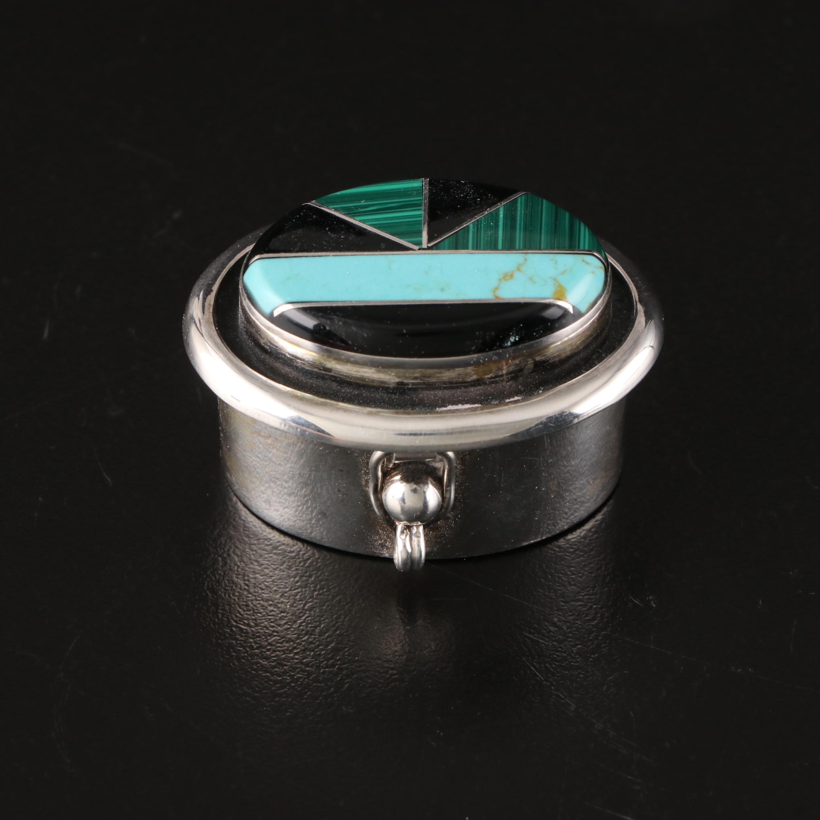 Mexican Stone Inlaid Sterling Silver Box with Other Trinket Boxes