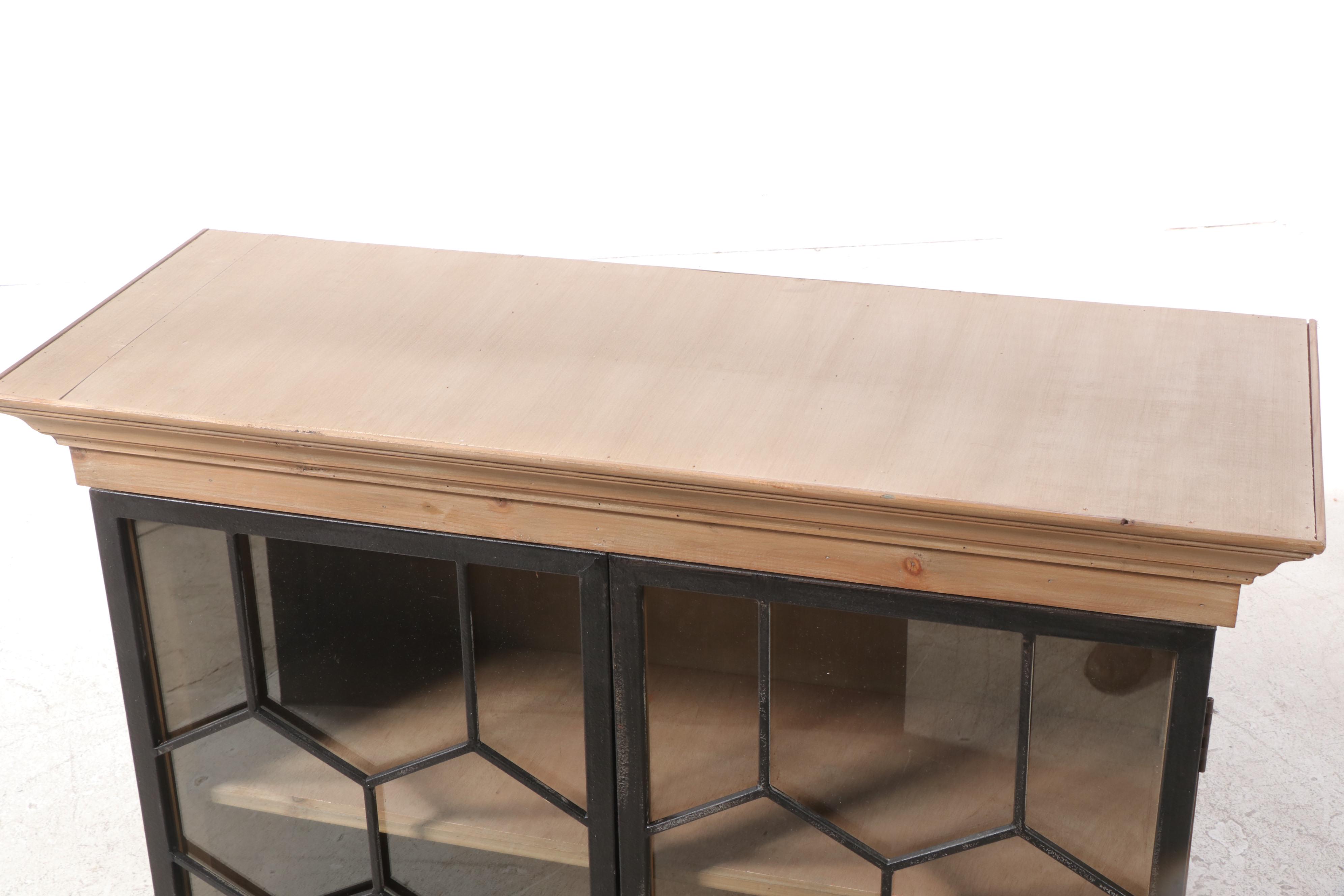 Pine Cabinet Bookcase with Metal Honeycomb Glass Doors