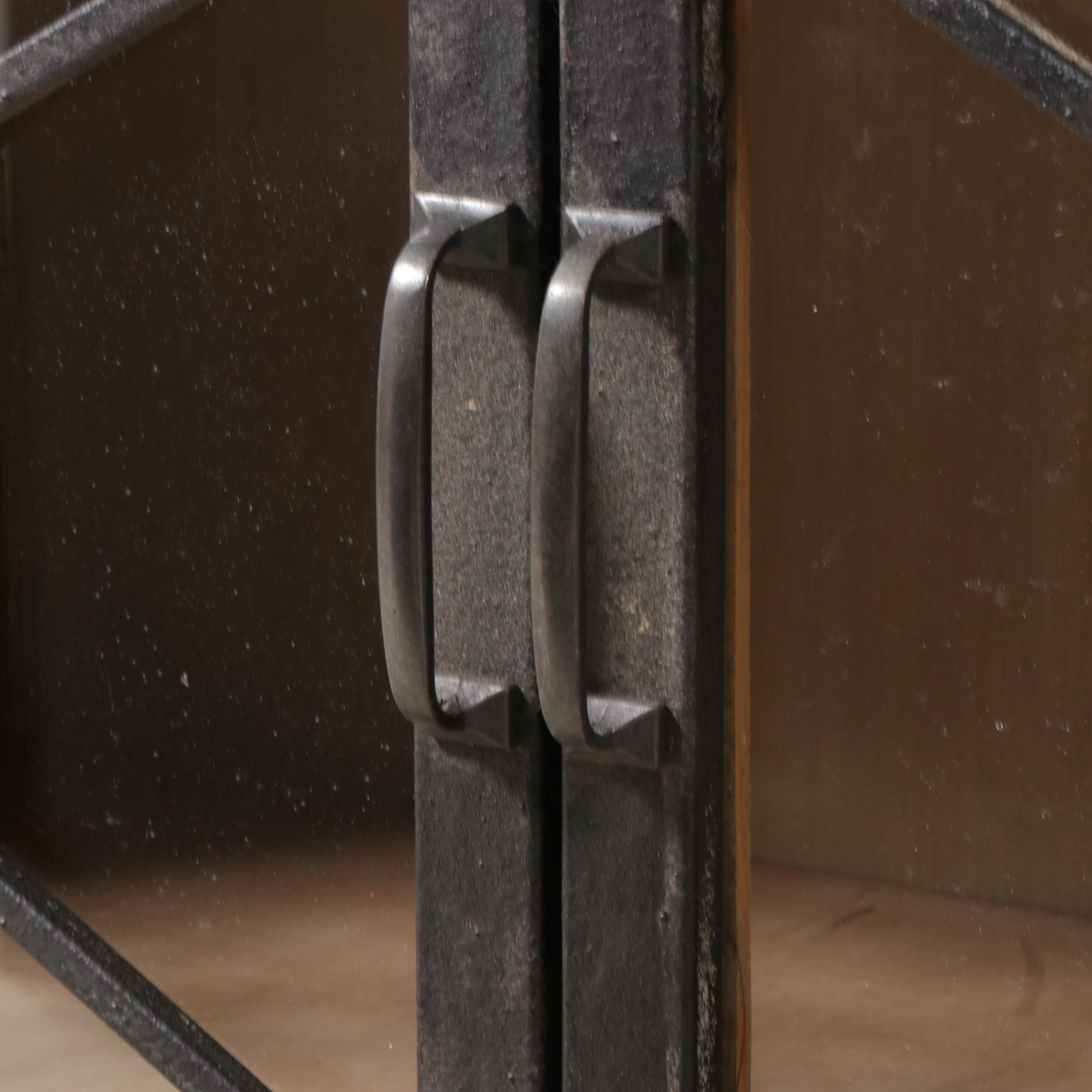 Pine Cabinet Bookcase with Metal Honeycomb Glass Doors