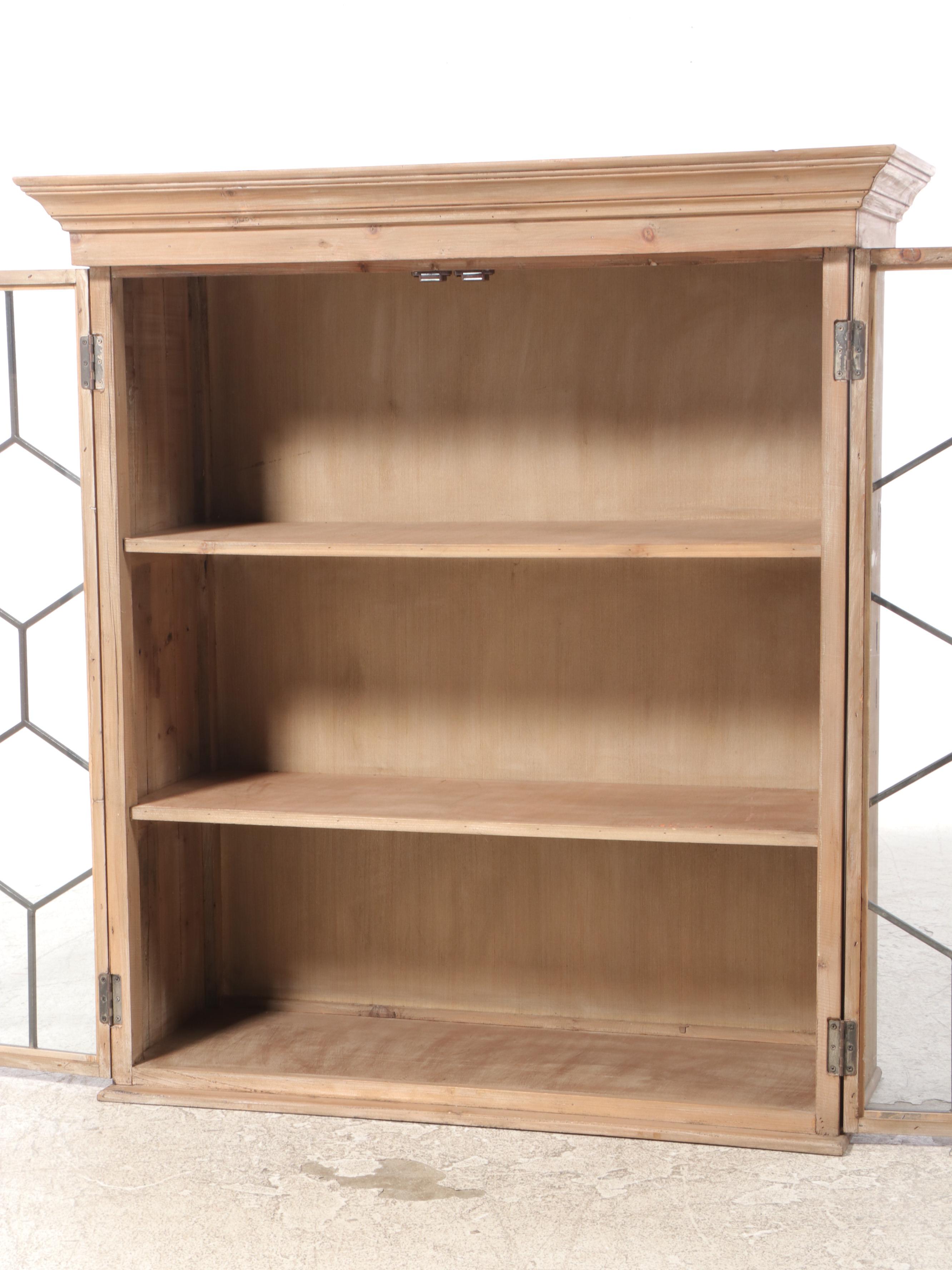 Pine Cabinet Bookcase with Metal Honeycomb Glass Doors