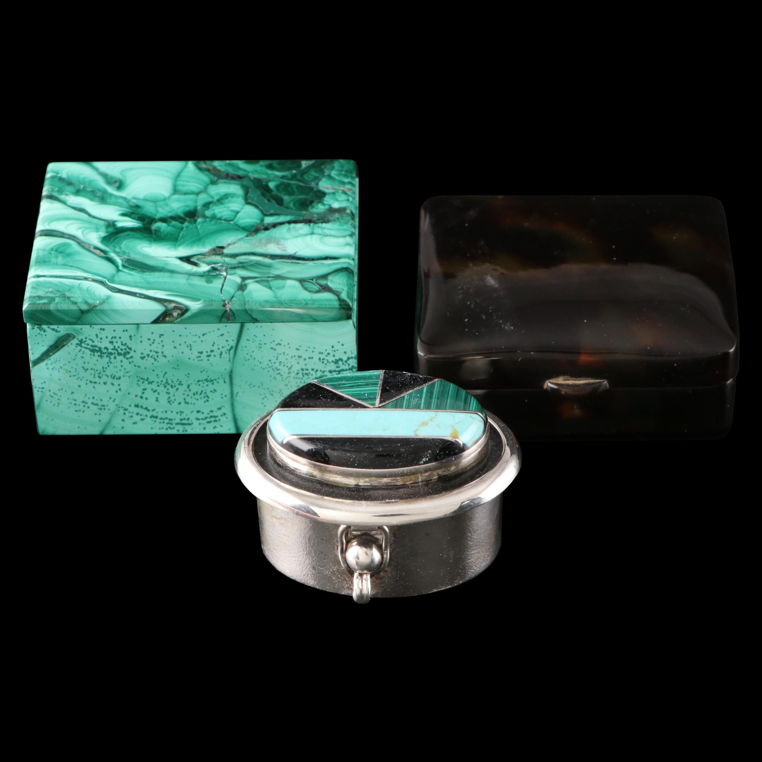 Mexican Stone Inlaid Sterling Silver Box with Other Trinket Boxes