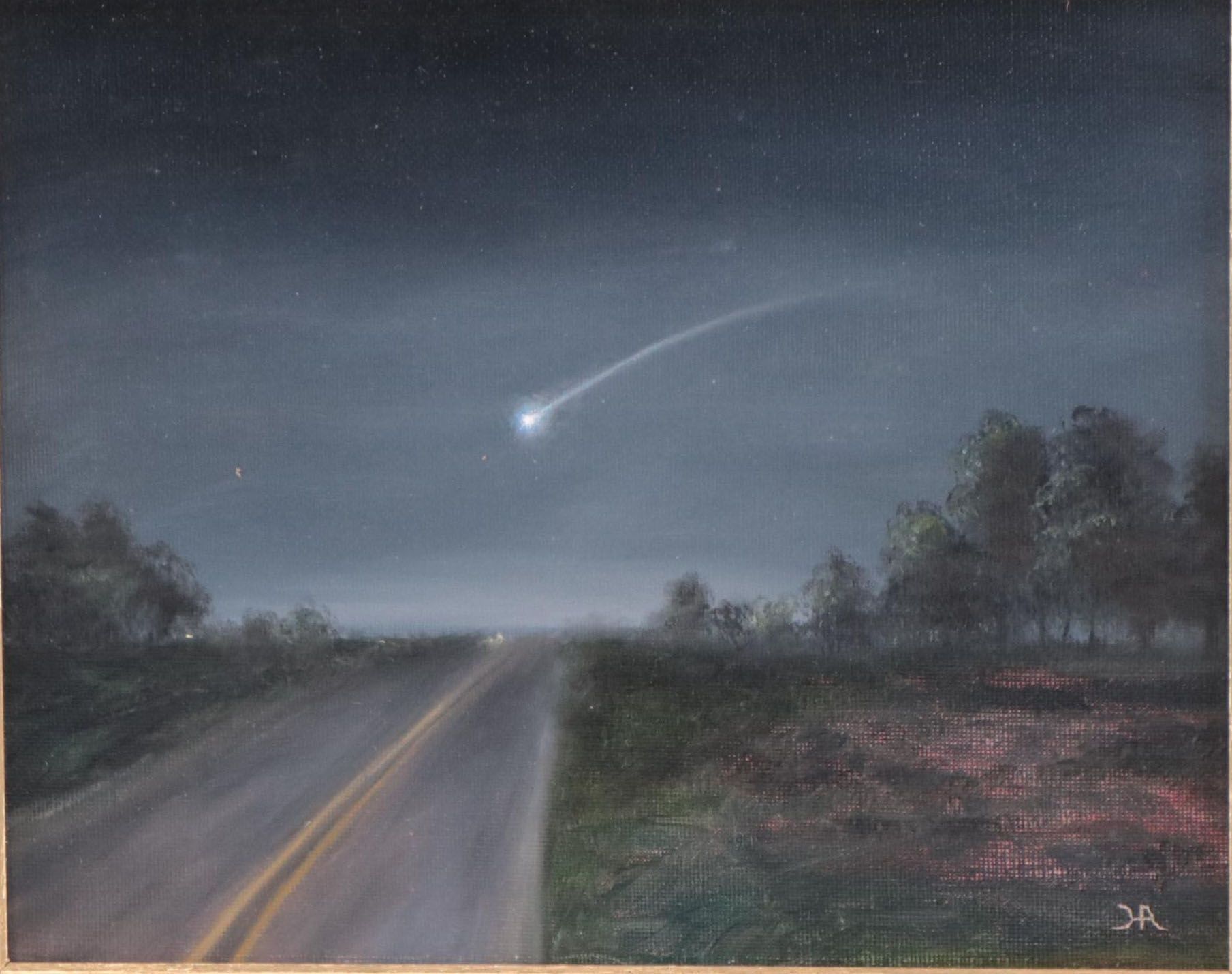 Houra H. Alghizzi Nocturne Landscape Oil Painting "Falling Star," 2023