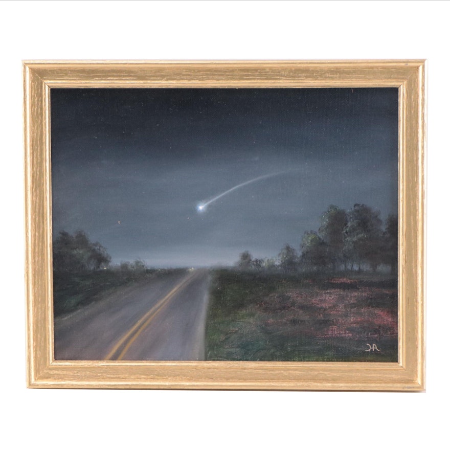 Houra H. Alghizzi Nocturne Landscape Oil Painting "Falling Star," 2023